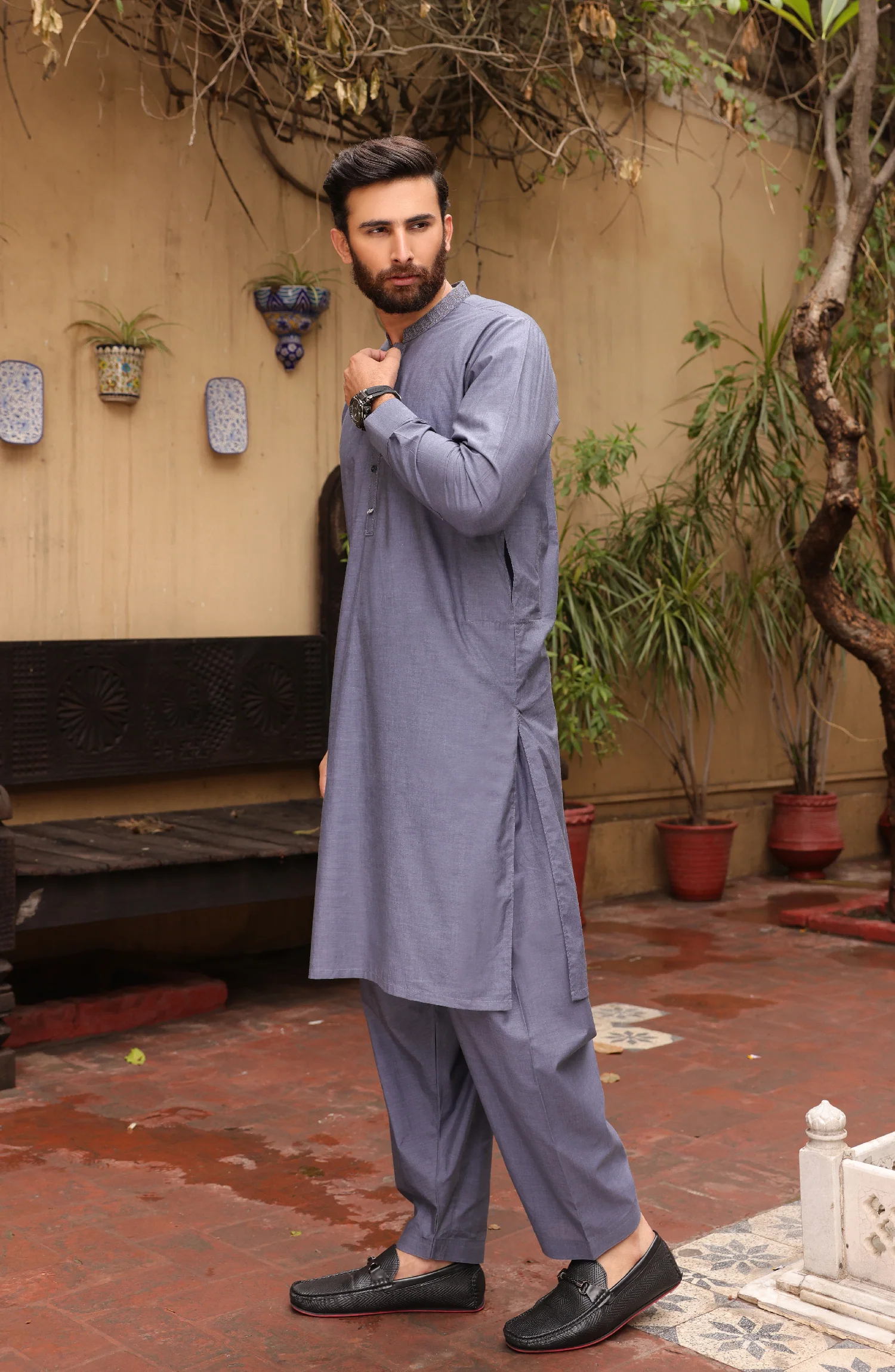 SUMMER'22 MEN CASUAL EMBROIDERY KAMEEZ SHALWAR BLUE - Image 3