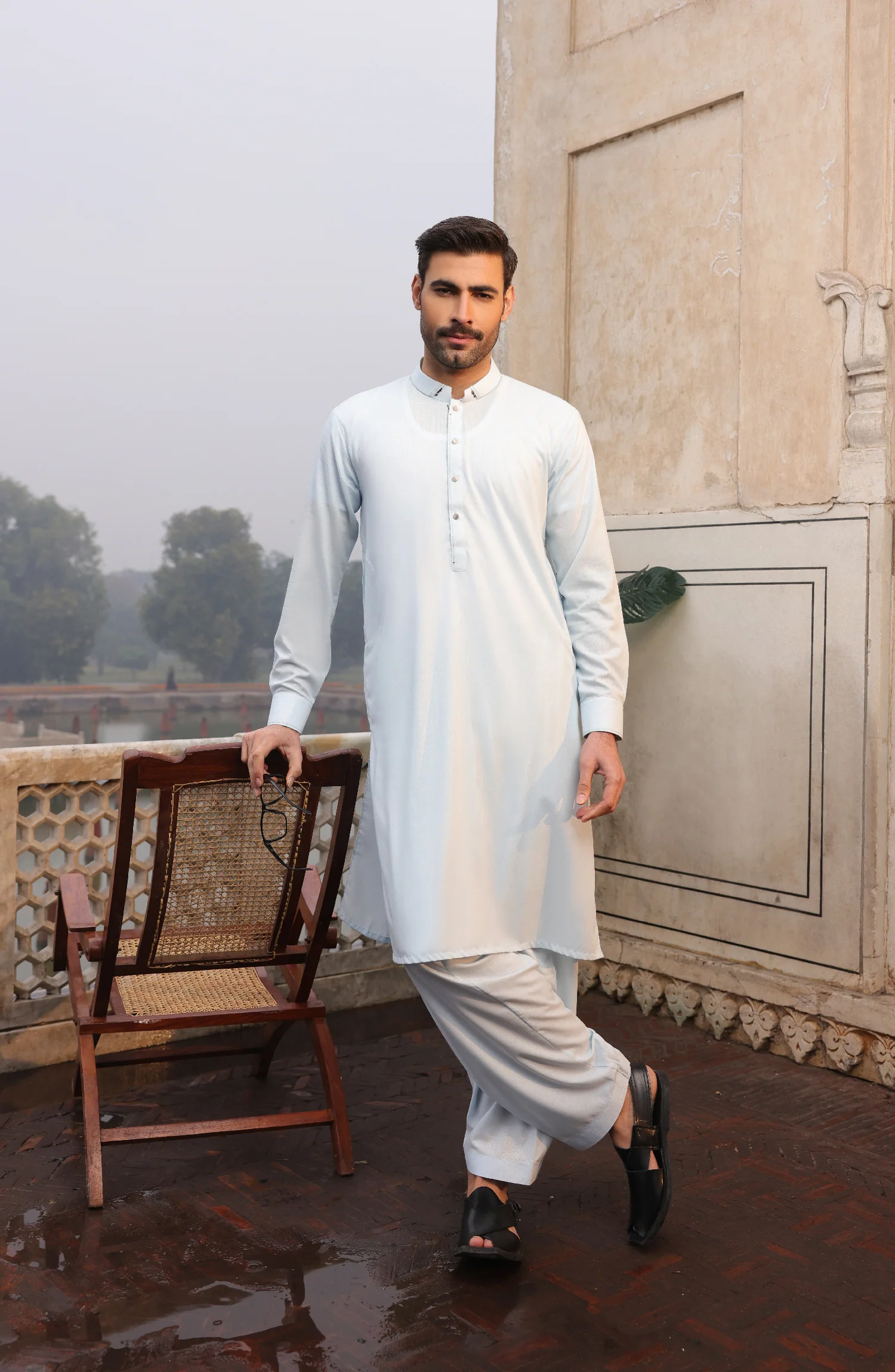 SUMMER'22 MEN CASUAL STYLING KAMEEZ SHALWAR AQUA - Image 4
