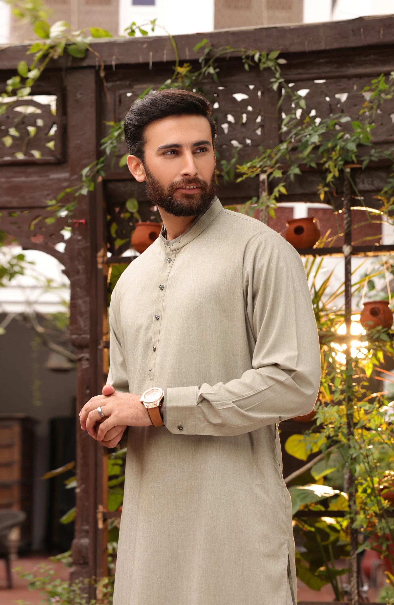 SUMMER'22 MEN CASUAL STYLING KAMEEZ SHALWAR LIGHT OLIVE - Image 3