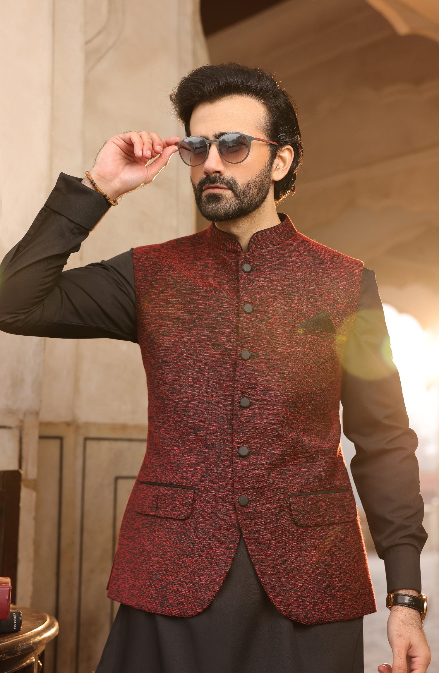 SUMMER'22 MEN KAMEEZ SHALWAR WITH WAIST COAT BLACK - Image 3