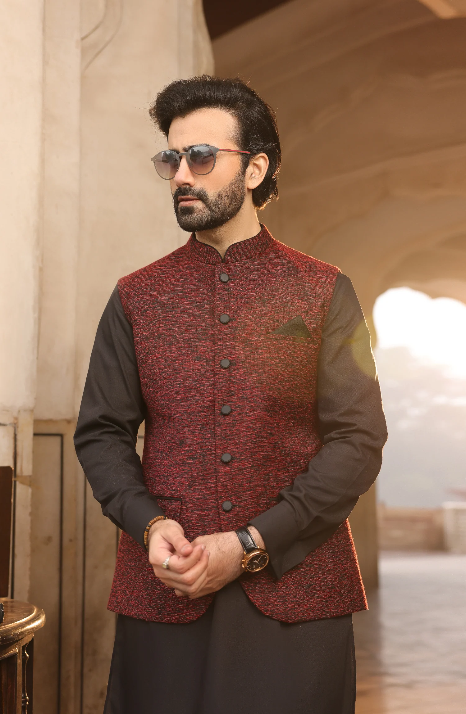 SUMMER'22 MEN KAMEEZ SHALWAR WITH WAIST COAT BLACK - Image 4
