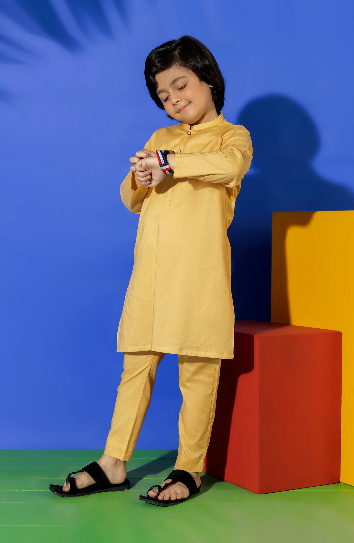 SUMMER'23 BOYS PLAIN KURTA PAJAMA YELLOW - Image 2
