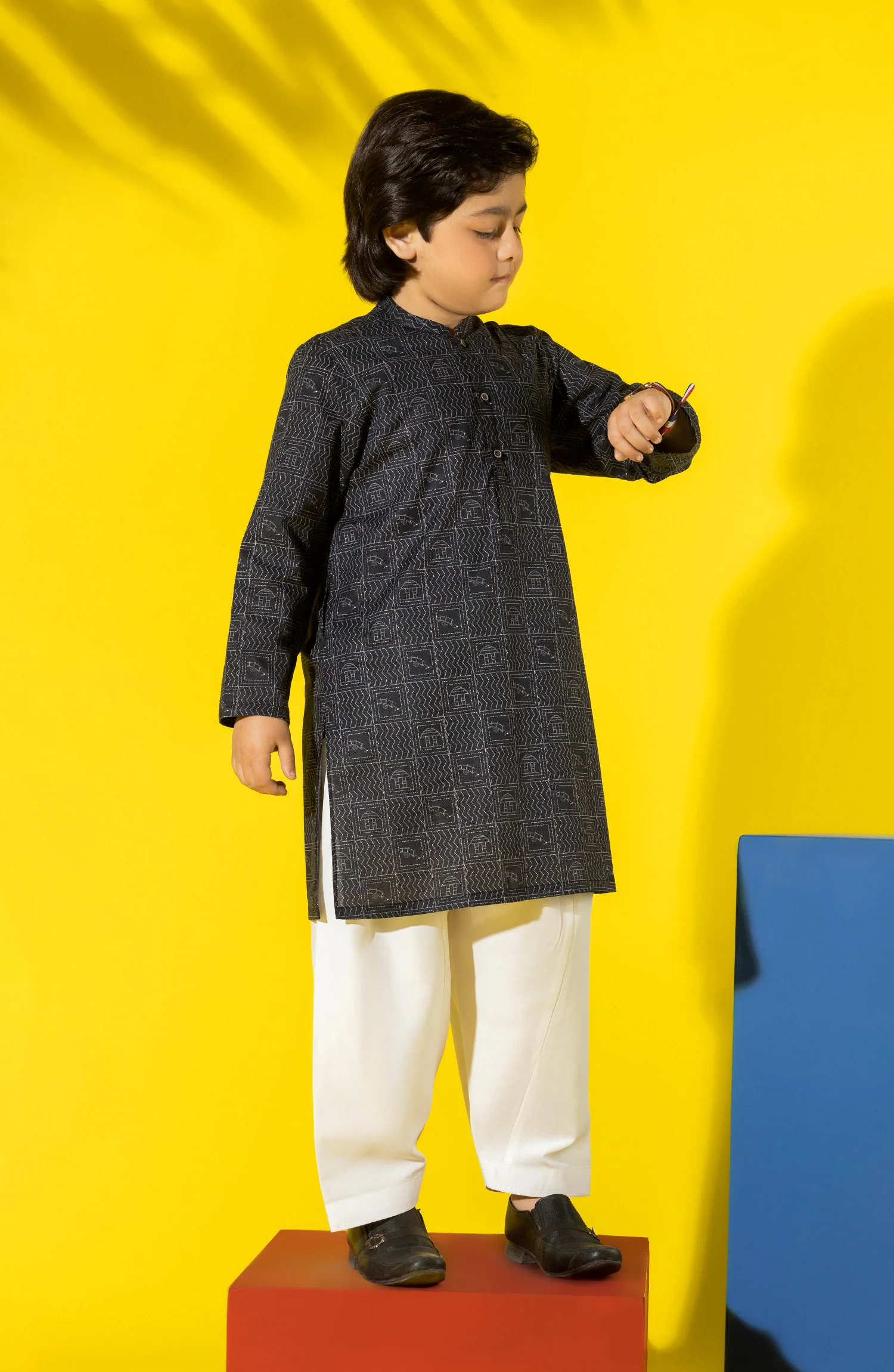 SUMMER'23 BOYS PRINTED KURTA BLACK - Image 2