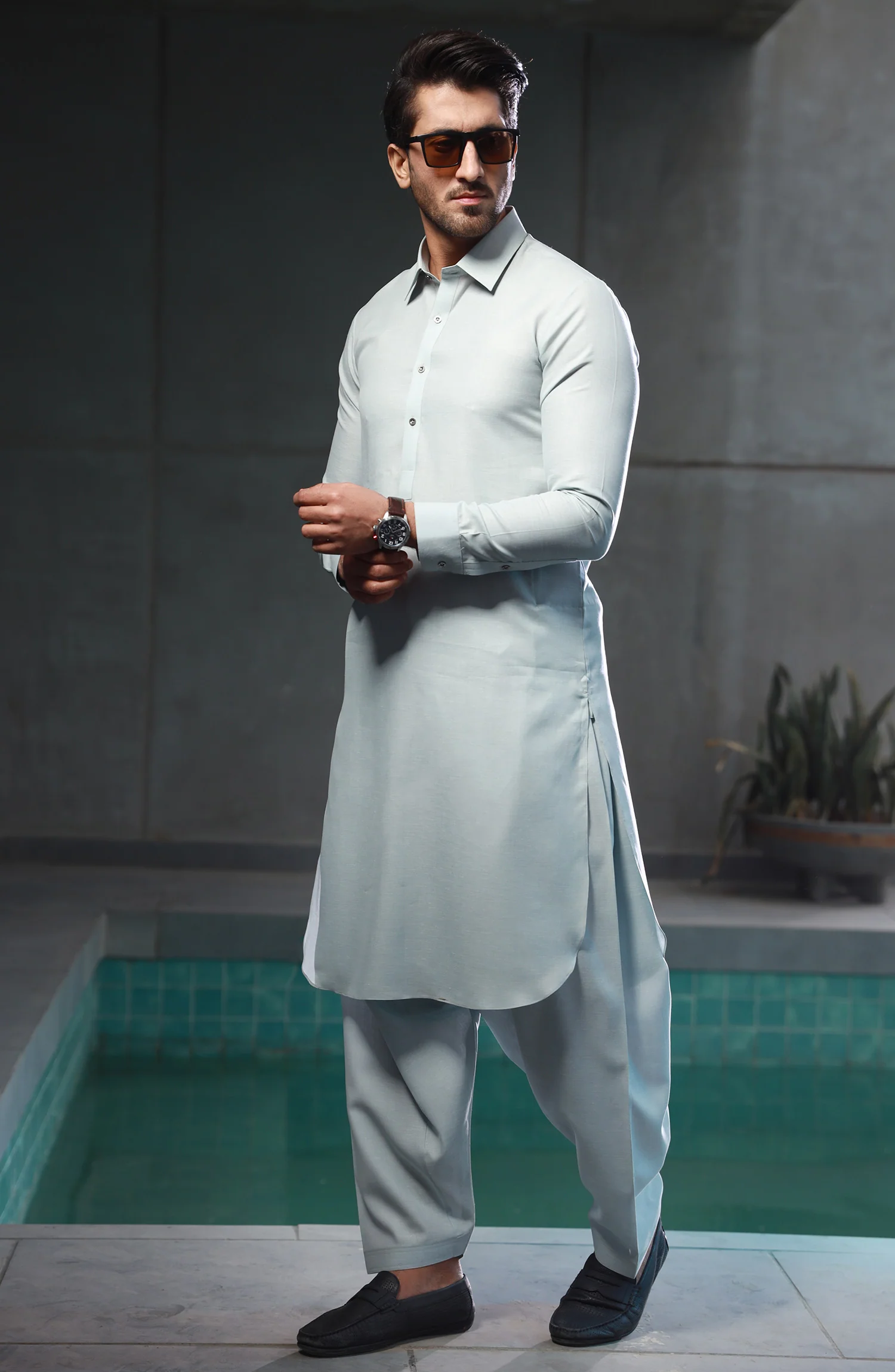 SUMMER'23 MEN KAMEEZ SHALWAR PLAIN ICE BLUE - Image 3