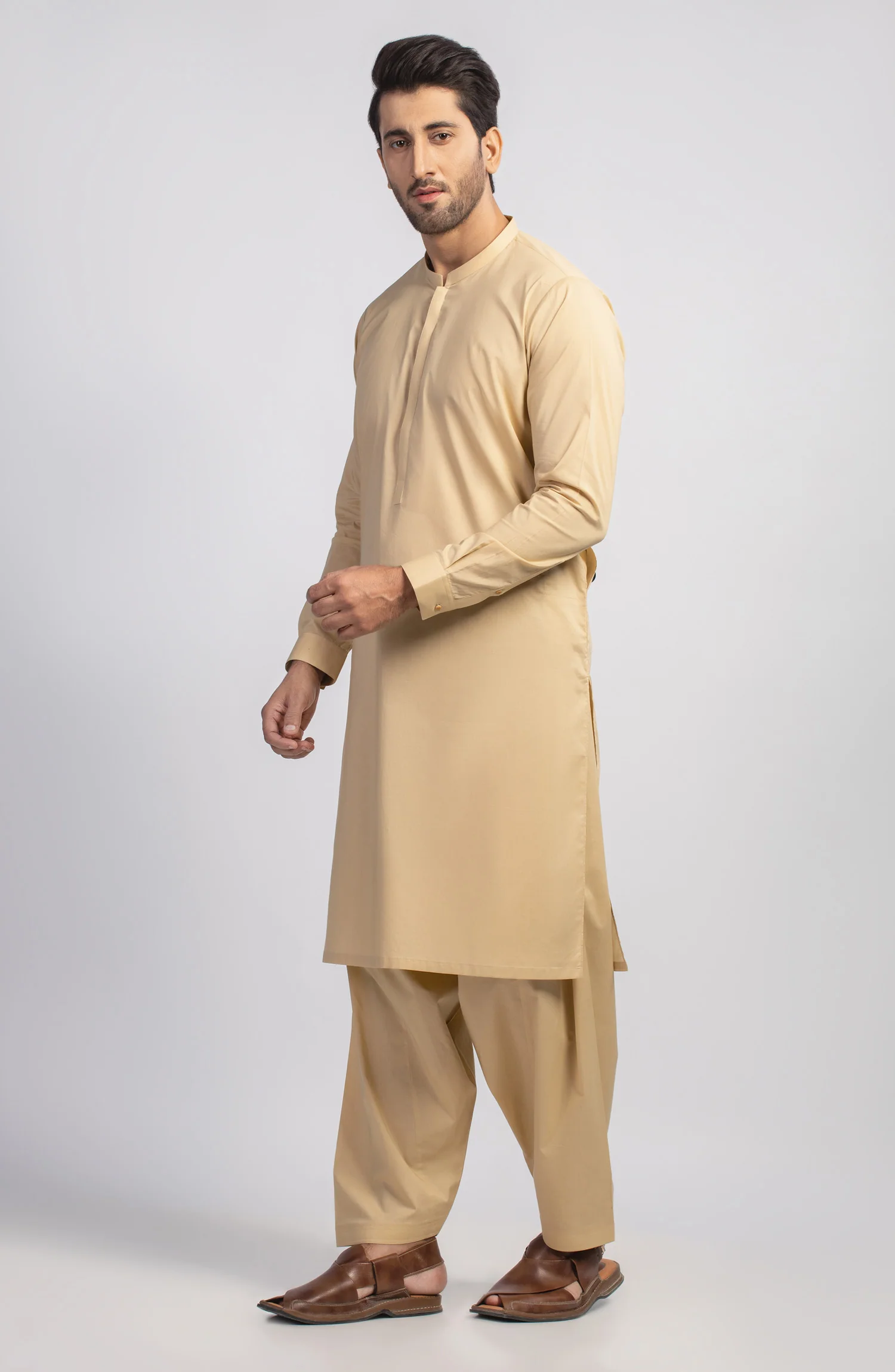 SUMMER'23 MEN KAMEEZ SHALWAR PLAIN KHAKI - Image 3