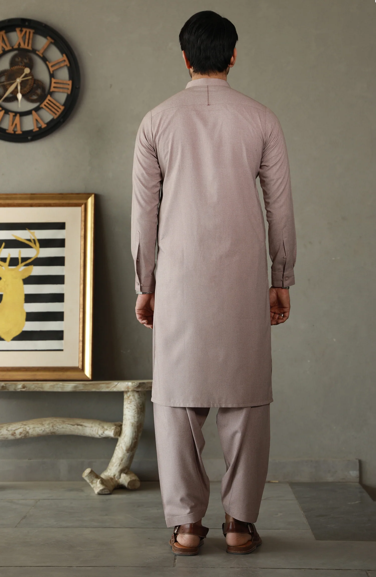 SUMMER'23 MEN KAMEEZ SHALWAR SEMI FORMAL LEATHER BROWN - Image 3