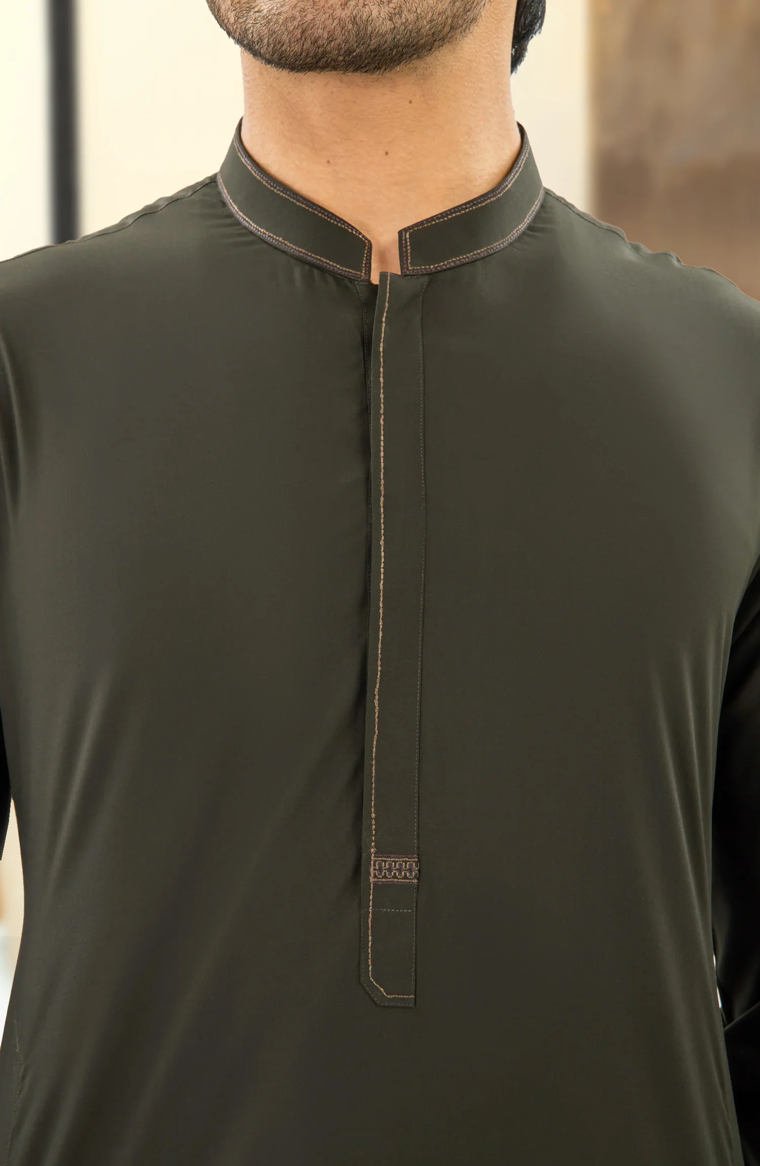 SUMMER'25 EMBROIDERED MEN KAMEEZ SHALWAR DEEP OLIVE - Image 3