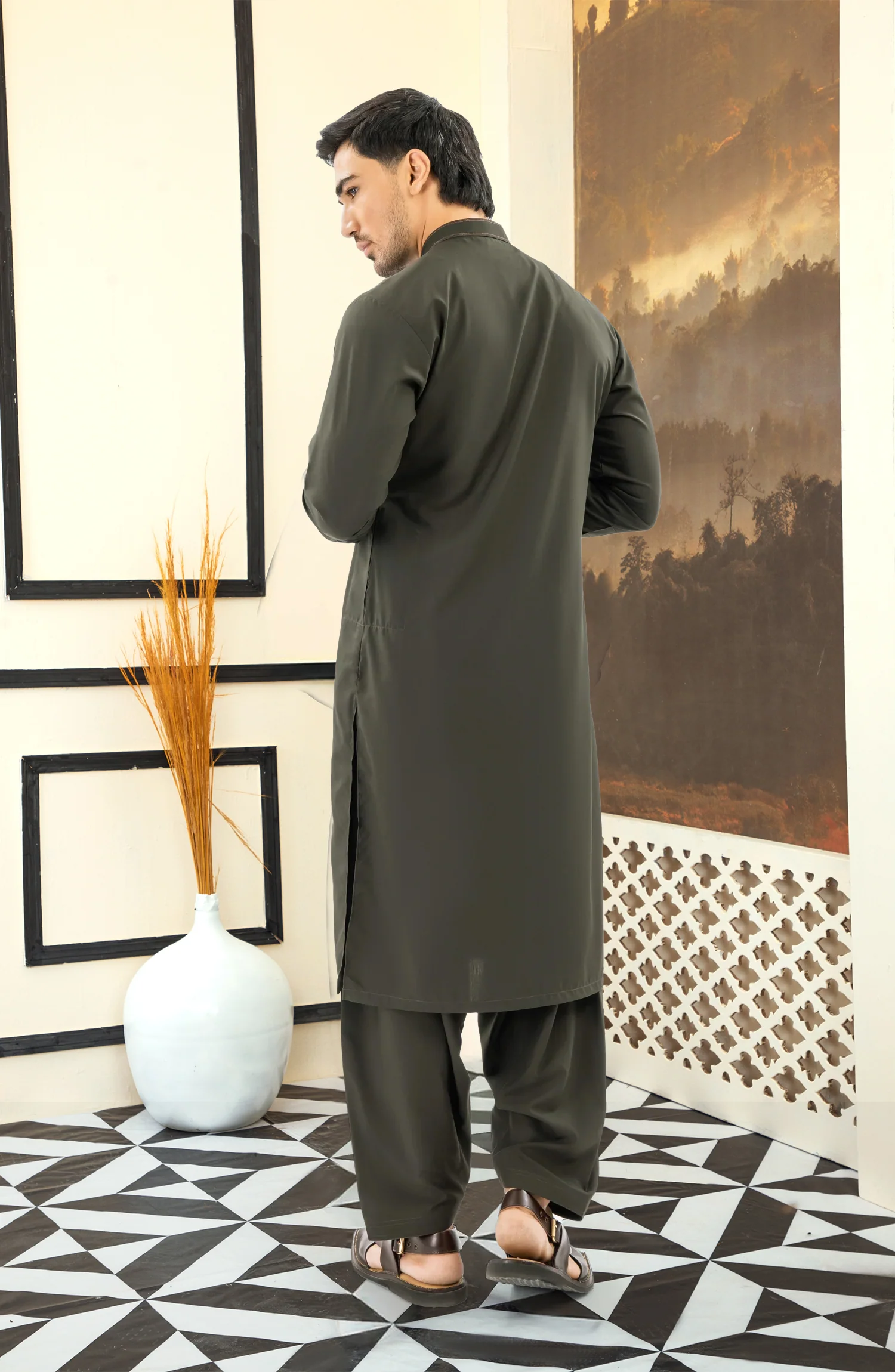 SUMMER'25 EMBROIDERED MEN KAMEEZ SHALWAR DEEP OLIVE - Image 4