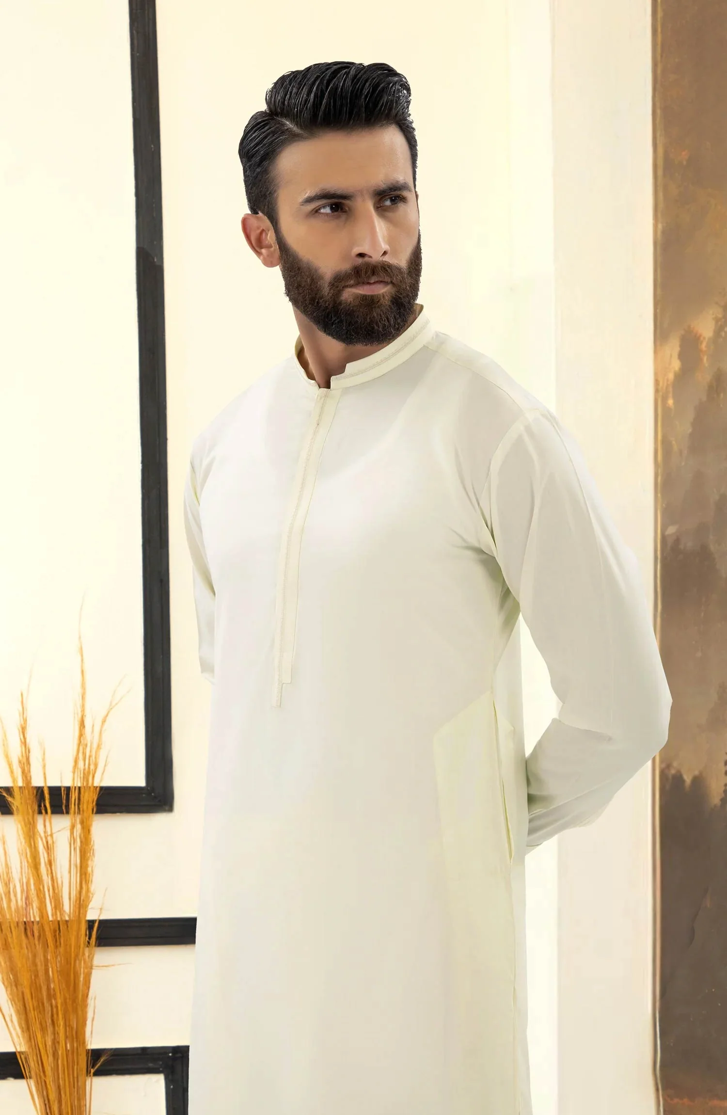 SUMMER'25 EMBROIDERED MEN KAMEEZ SHALWAR LIGHT CREAM - Image 2
