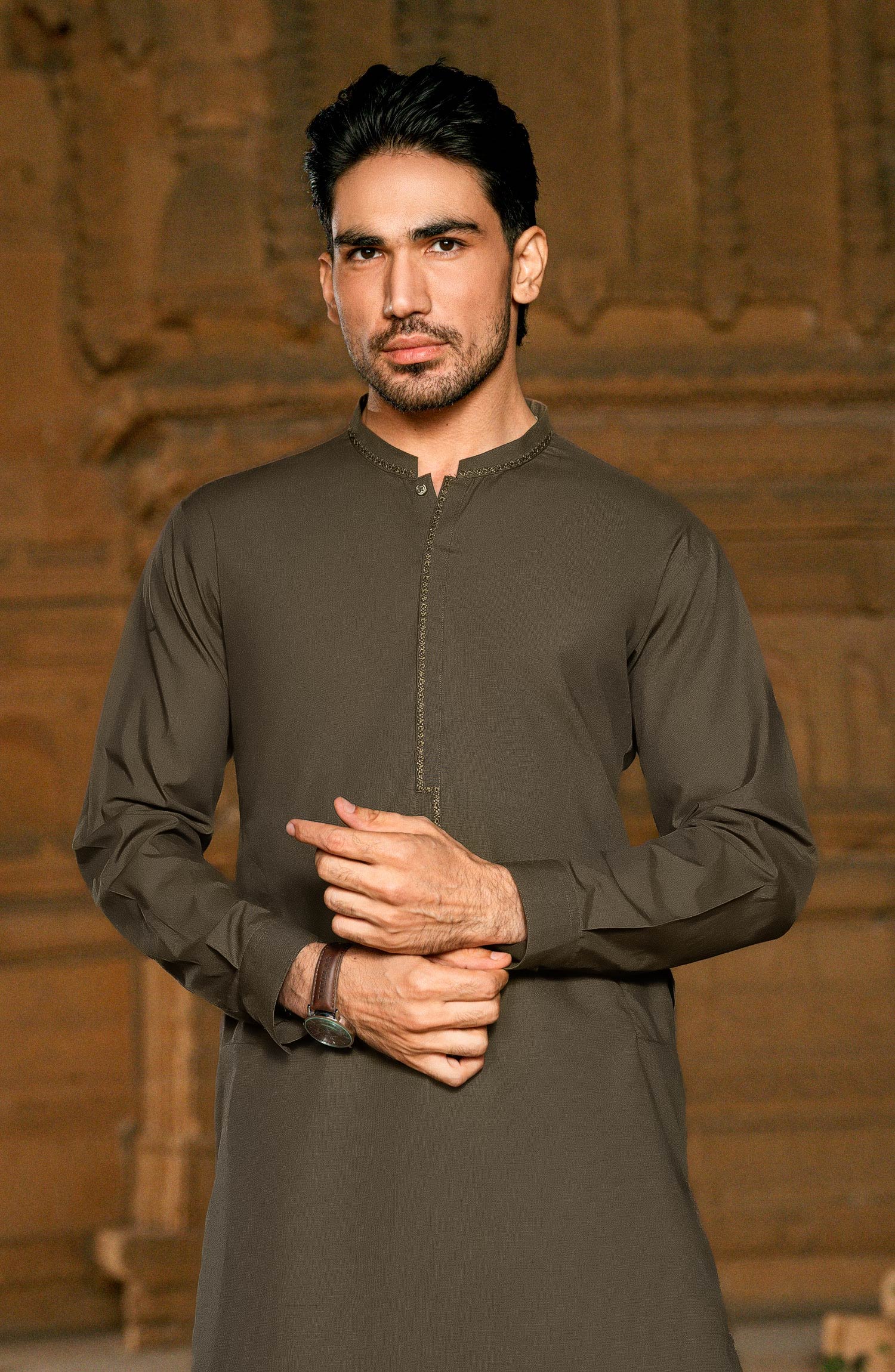 SUMMER'25 EMBROIDERED MEN KAMEEZ SHALWAR OAK - Image 2
