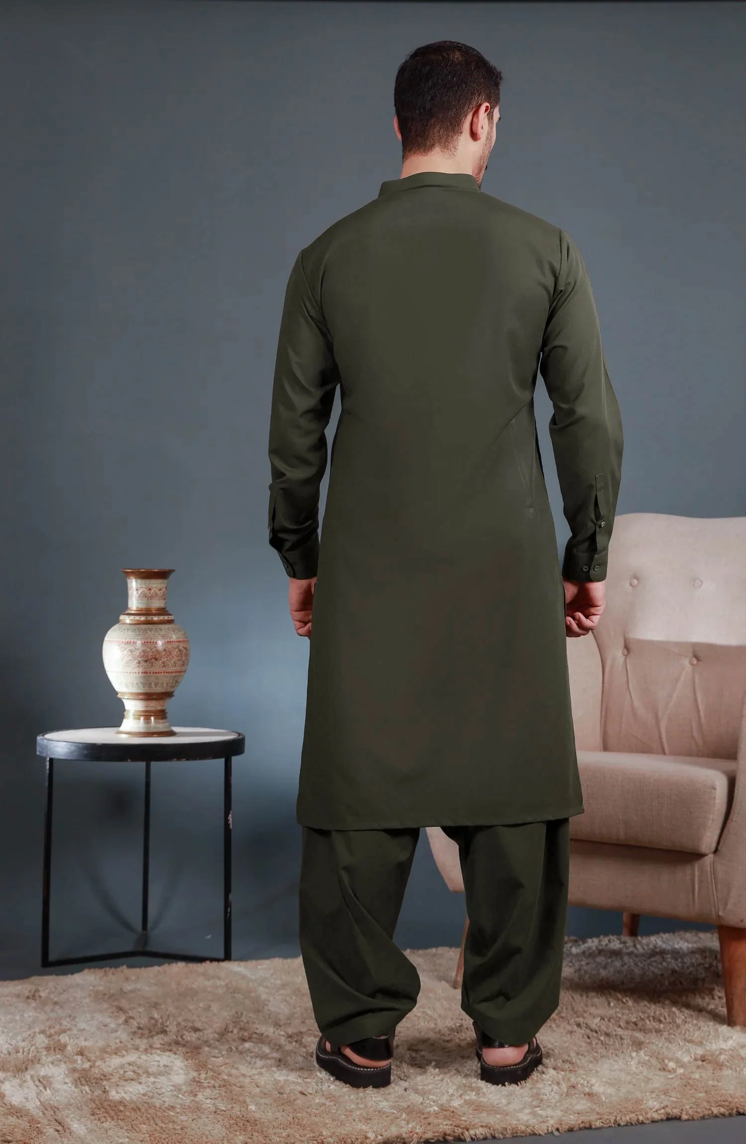 SUMMER'25 MEN KAMEEZ SHALWAR OLIVE - Image 4