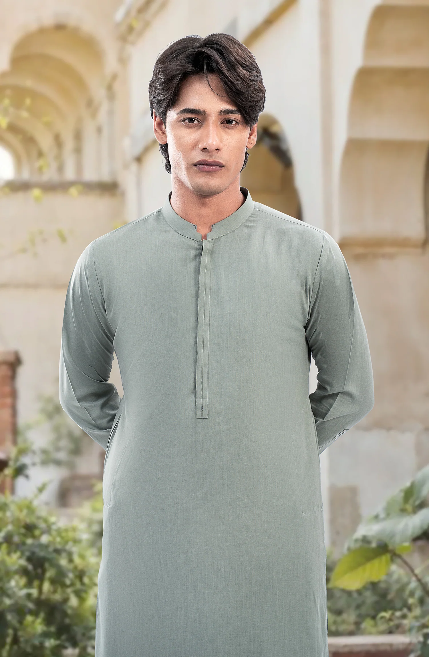 SAGE GREEN BLENDED KAMEEZ SHALWAR - Image 2