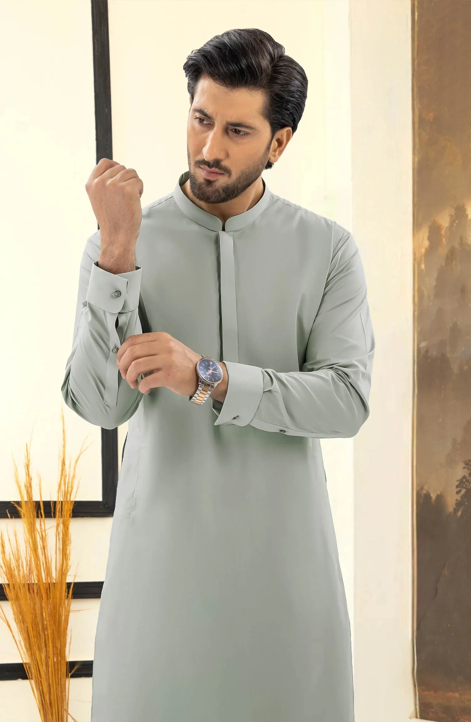 SUMMER'25 MEN KAMEEZ SHALWAR SILVER GREY - Image 2