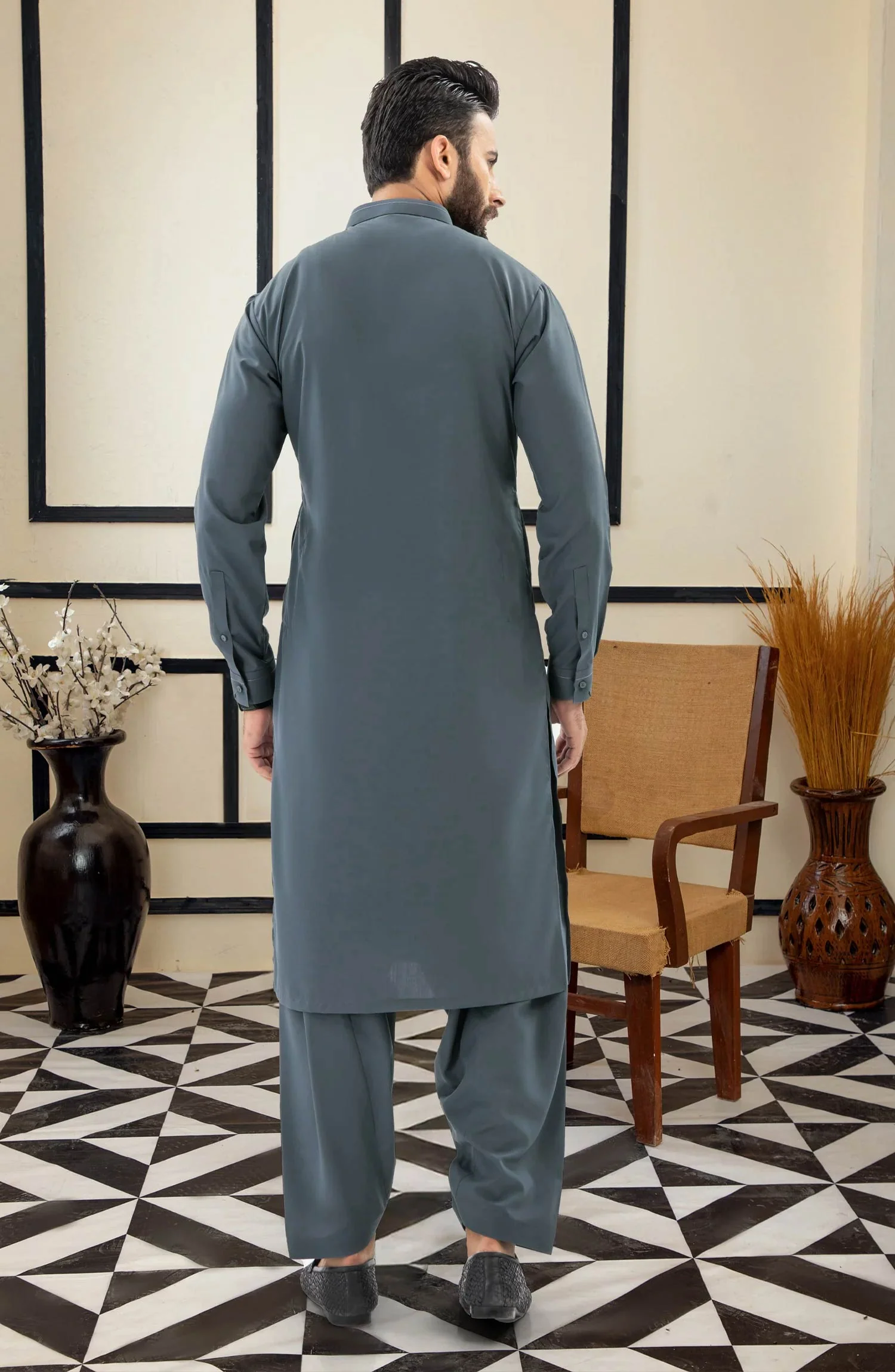 SUMMER'25 MEN KAMEEZ SHALWAR SLATE GREY - Image 4