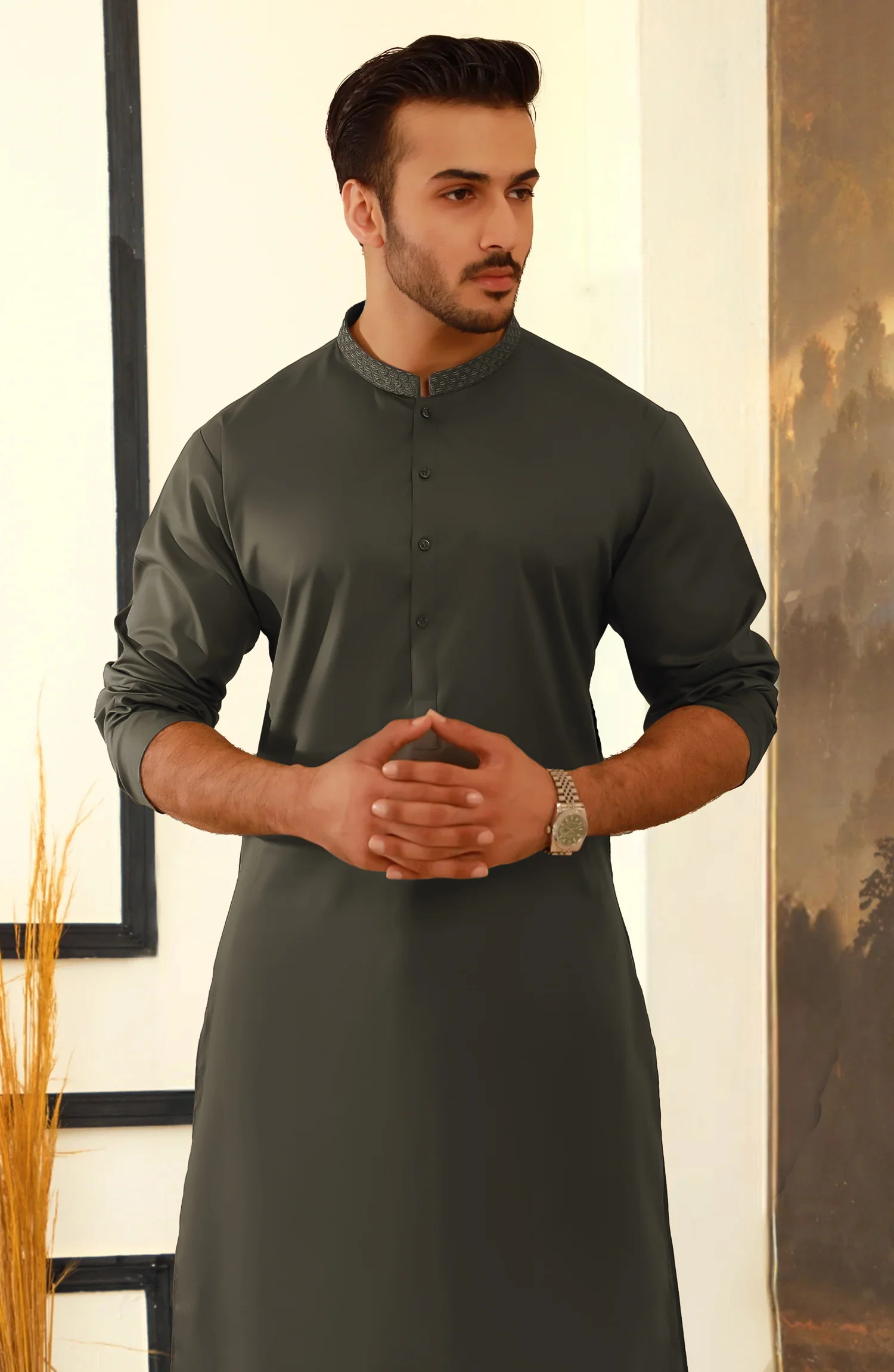 SUMMER'25 MEN KURTA SEMI FORMAL DEEP OLIVE - Image 2