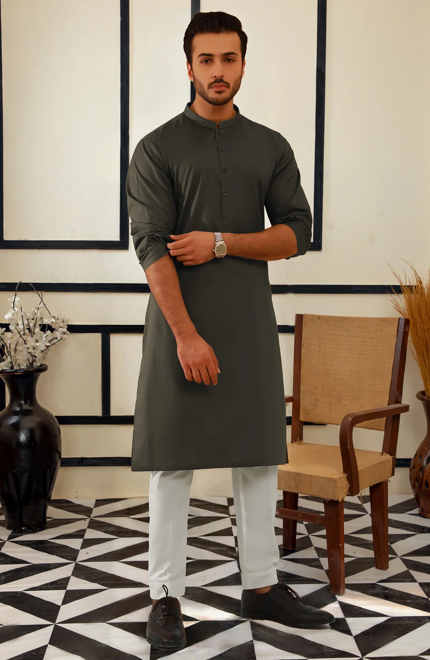 SUMMER'25 MEN KURTA SEMI FORMAL DEEP OLIVE - Image 4