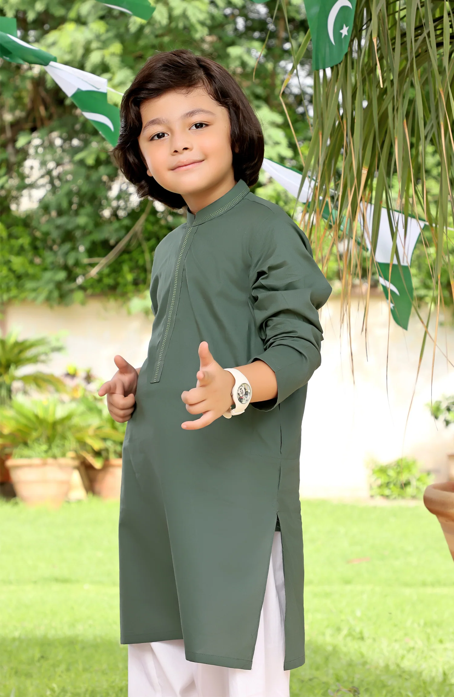 TARZ-E-PAKISTAN BOYS CASUAL STYLING KURTA DARK GREEN - Image 2