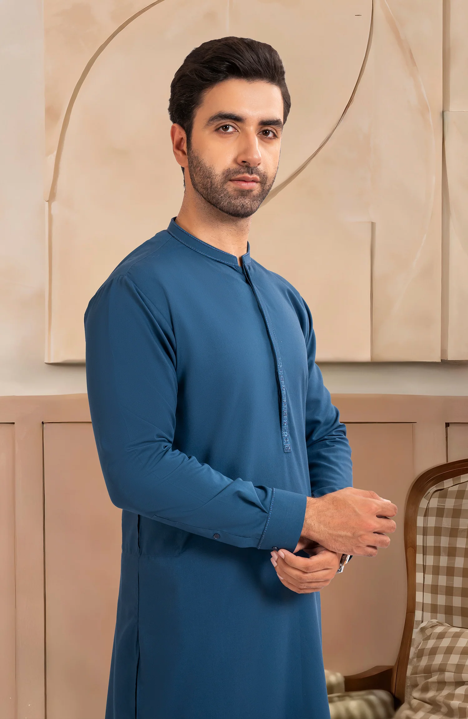 TEAL BLUE BLENDED EMBROIDERED KAMEEZ SHALWAR - Image 3