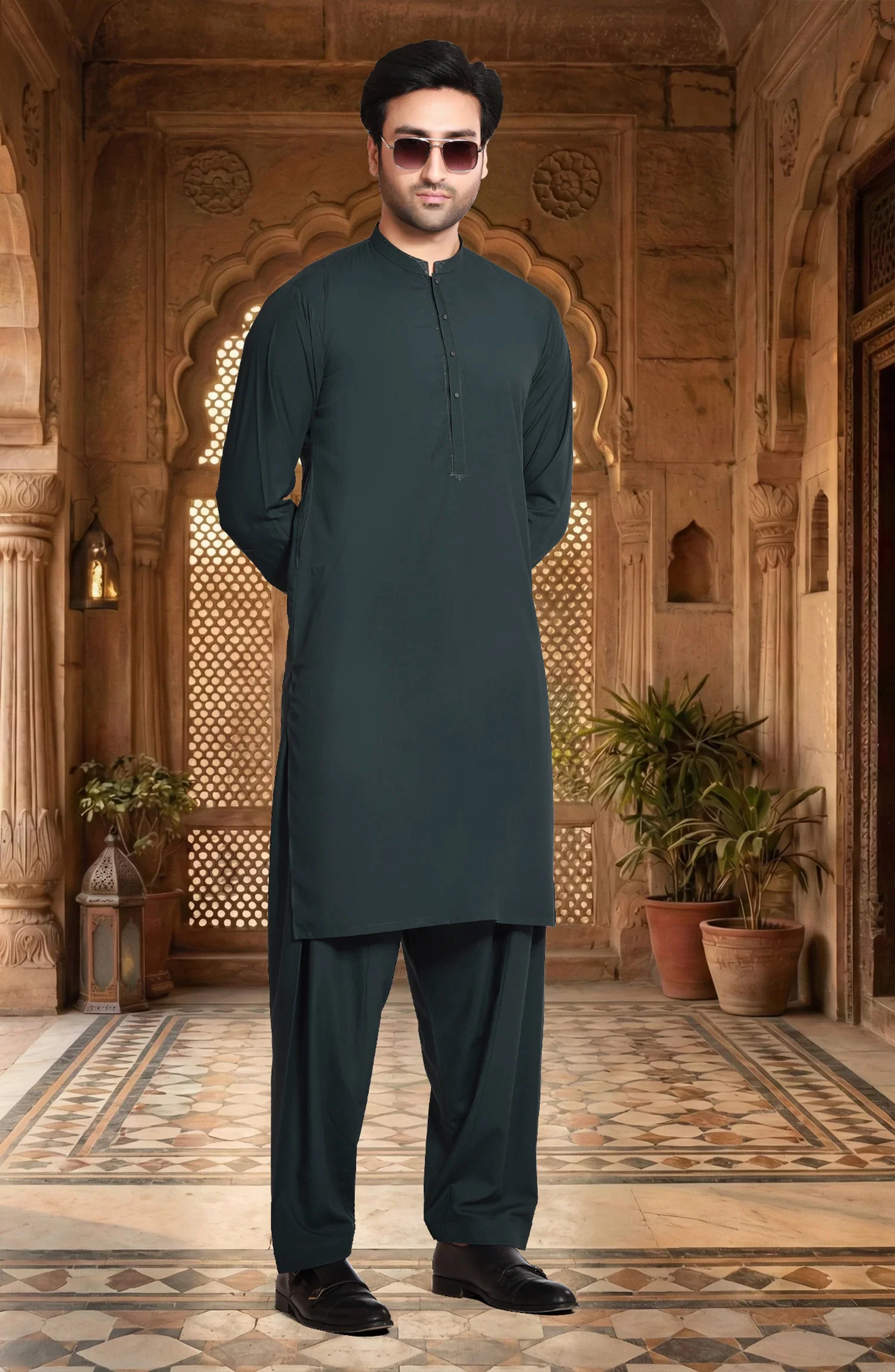 TEAL-GREEN BLENDED EMBROIDERED KAMEEZ SHALWAR - Image 2
