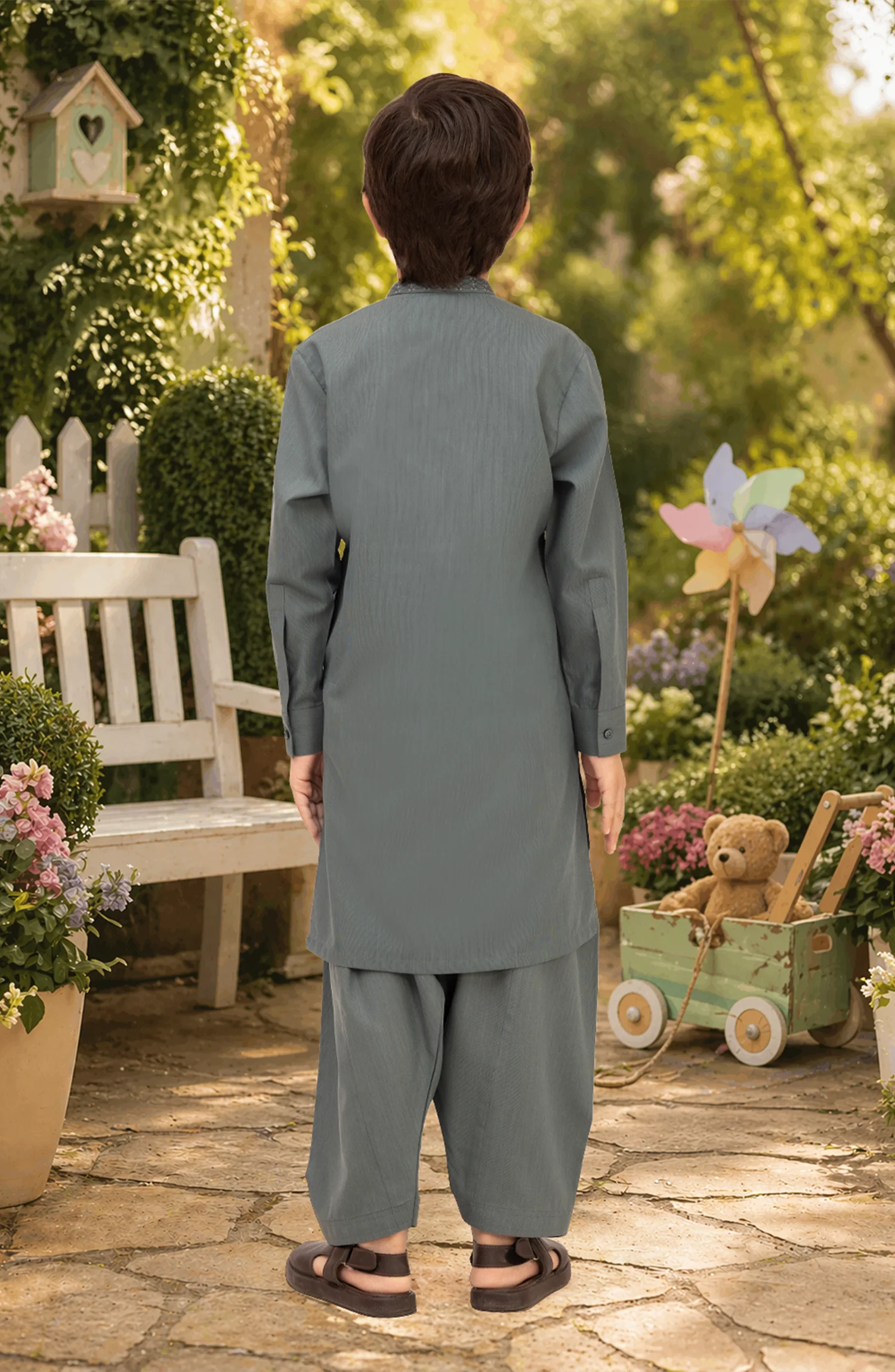 TEAL-GREEN EMBROIDERED BLENDED KAMEEZ SHALWAR - Image 3