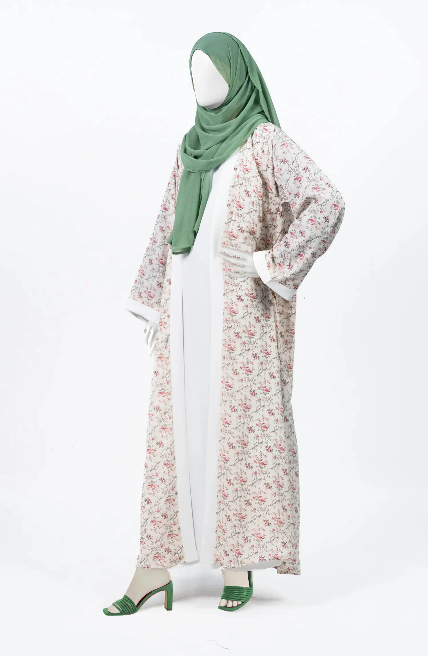 WHITE-GREEN PRINTED DOWN BUTTON ABAYA - Image 4