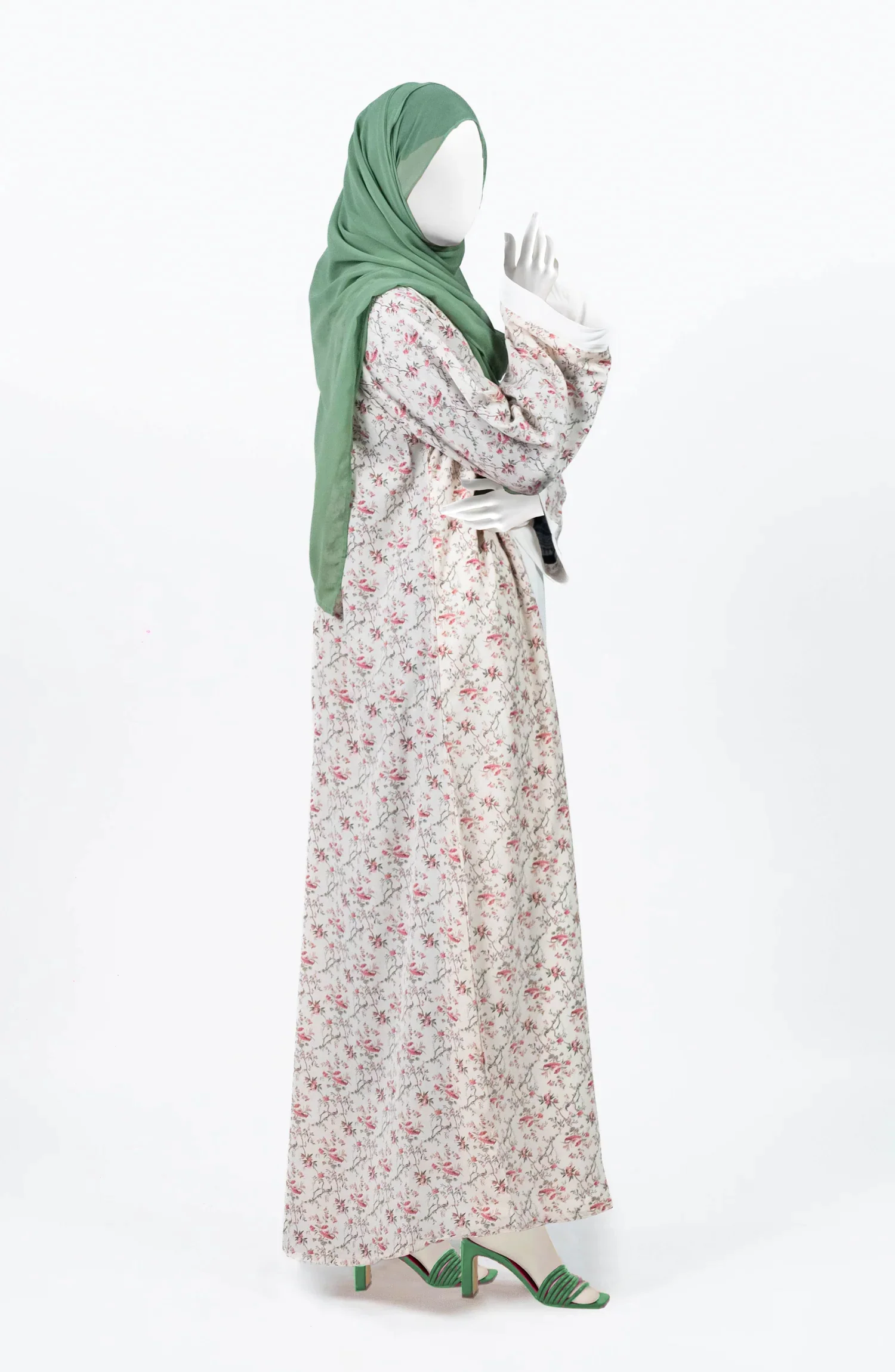 WHITE-GREEN PRINTED DOWN BUTTON ABAYA - Image 5