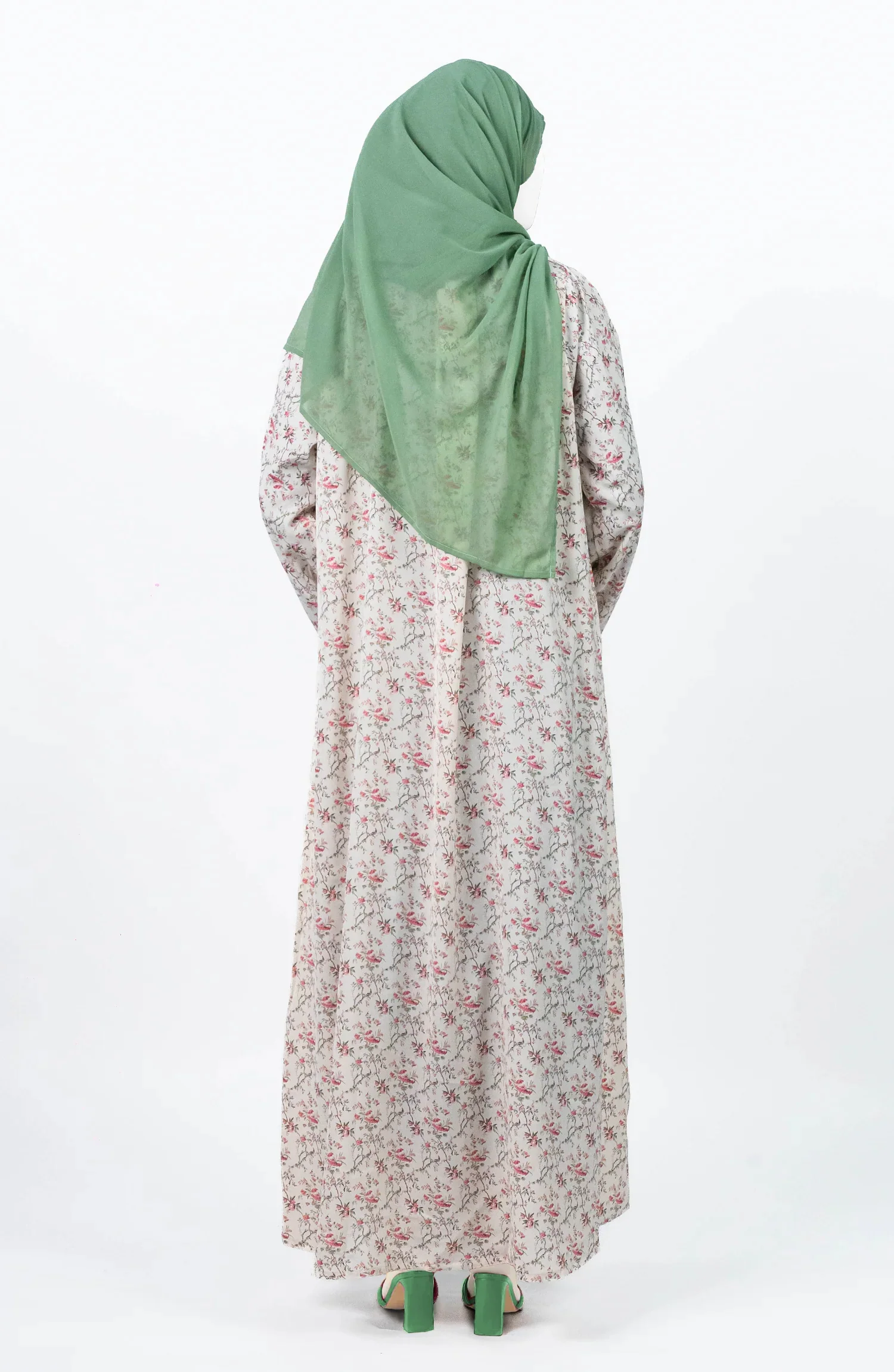WHITE-GREEN PRINTED DOWN BUTTON ABAYA - Image 6