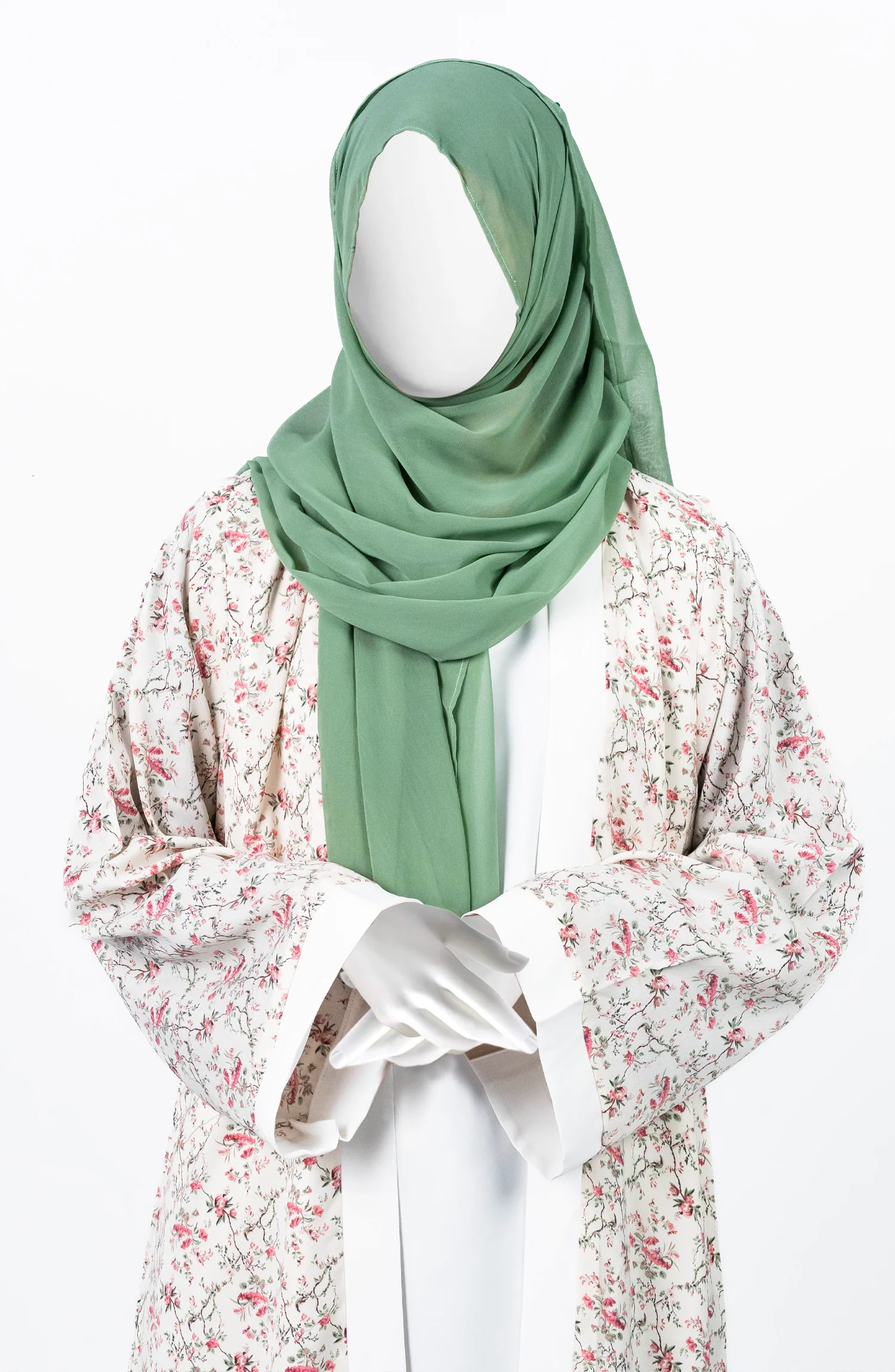 WHITE-GREEN PRINTED DOWN BUTTON ABAYA - Image 7