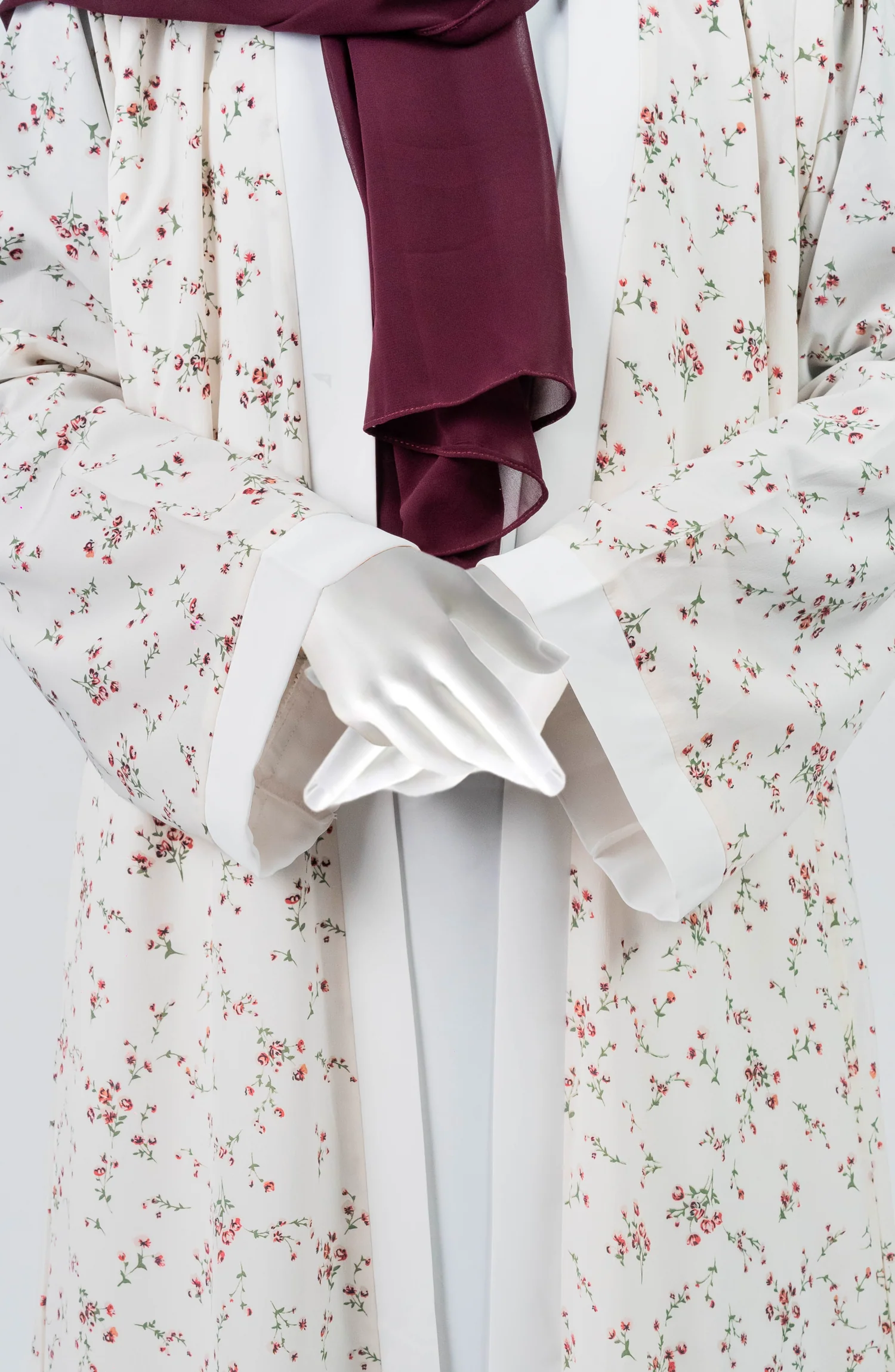 WHITE MAROON PRINTED DOWN BUTTON ABAYA - Image 3