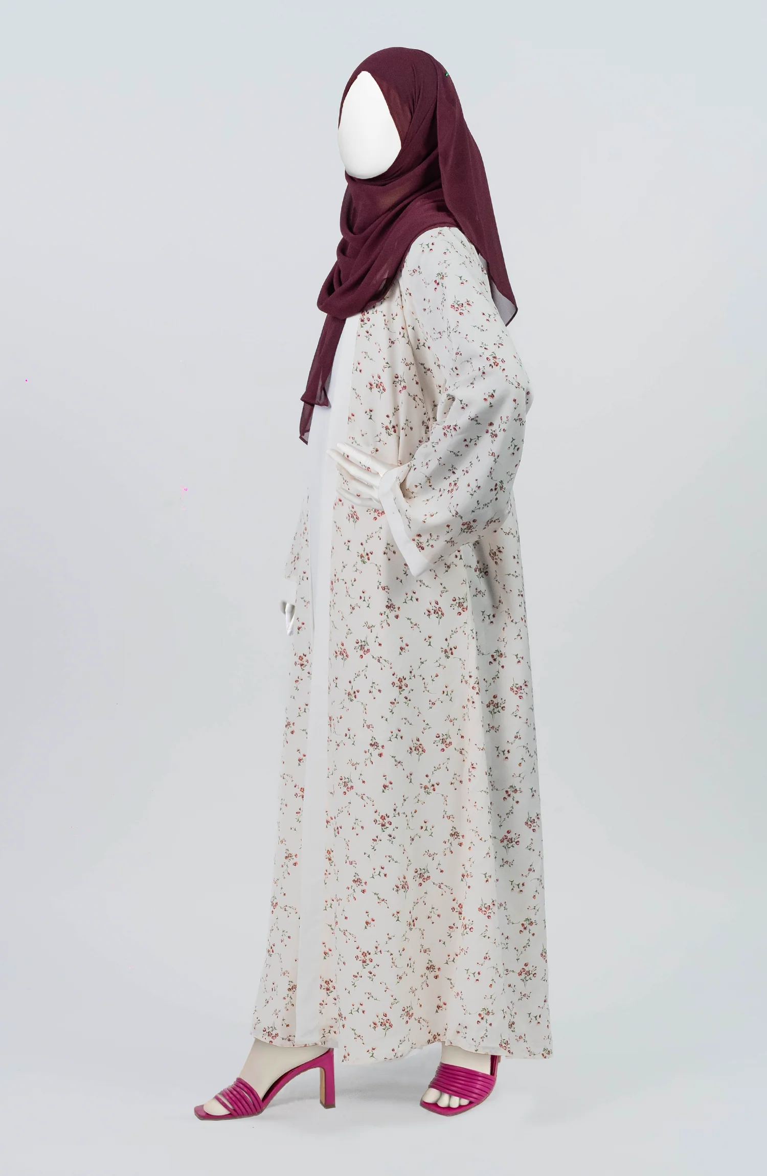 WHITE MAROON PRINTED DOWN BUTTON ABAYA - Image 4