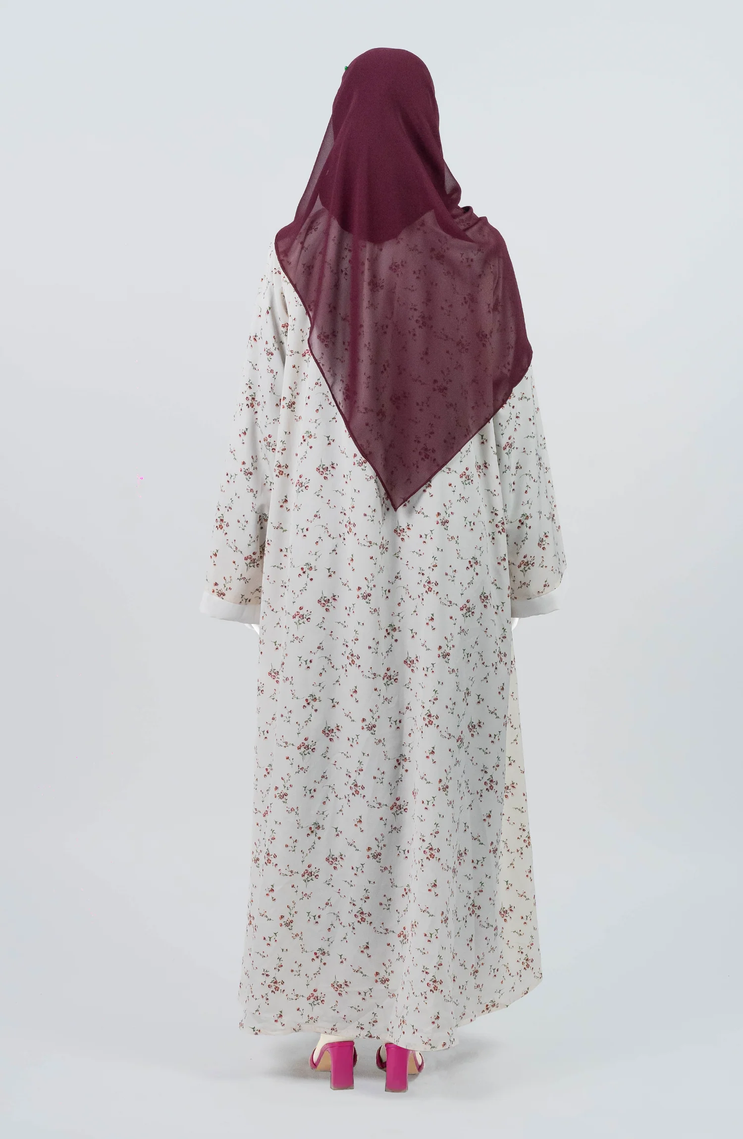 WHITE MAROON PRINTED DOWN BUTTON ABAYA - Image 5