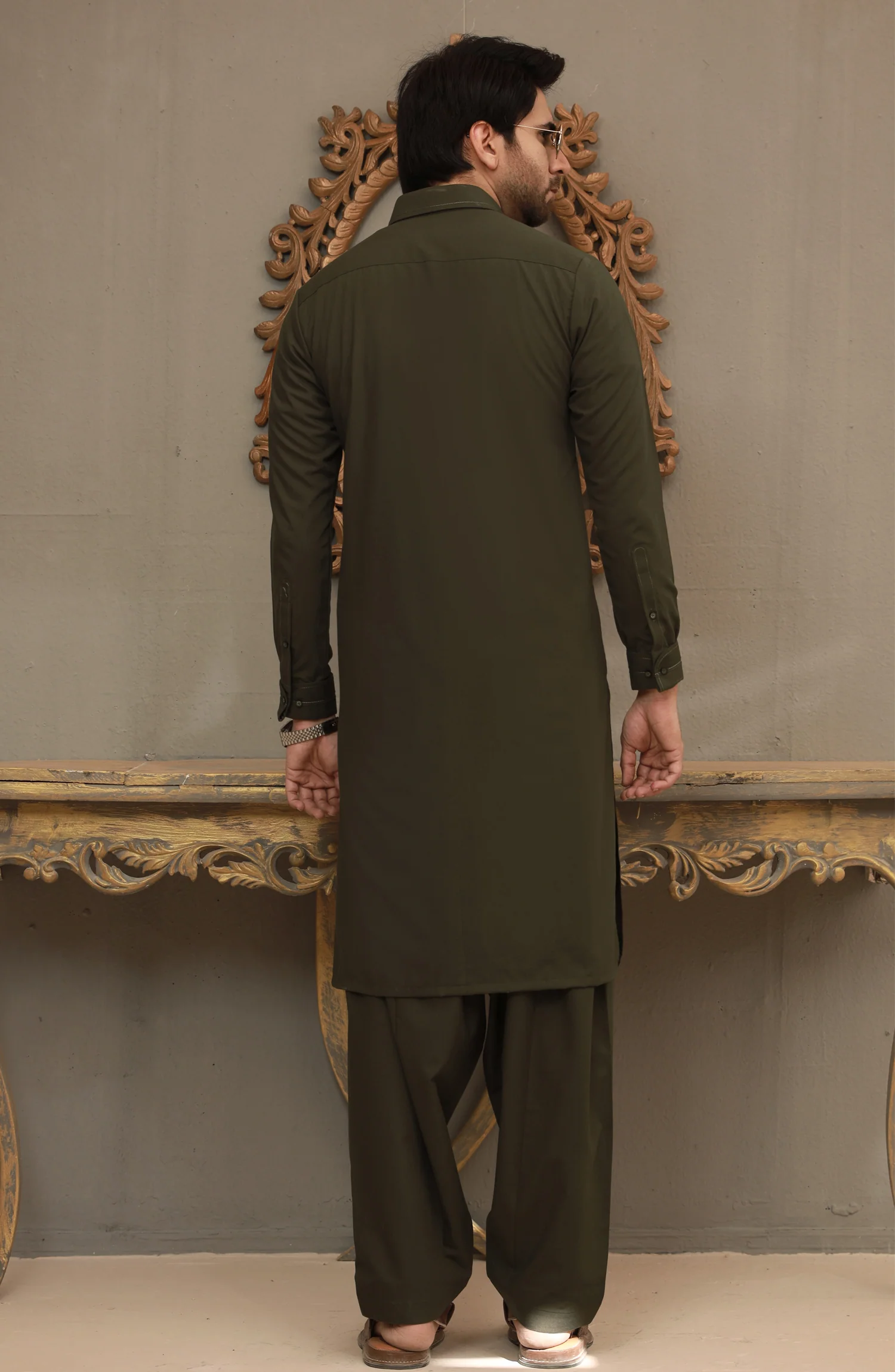 WINTER'22 MEN KAMEEZ SHALWAR CASUAL DARK OLIVE - Image 2