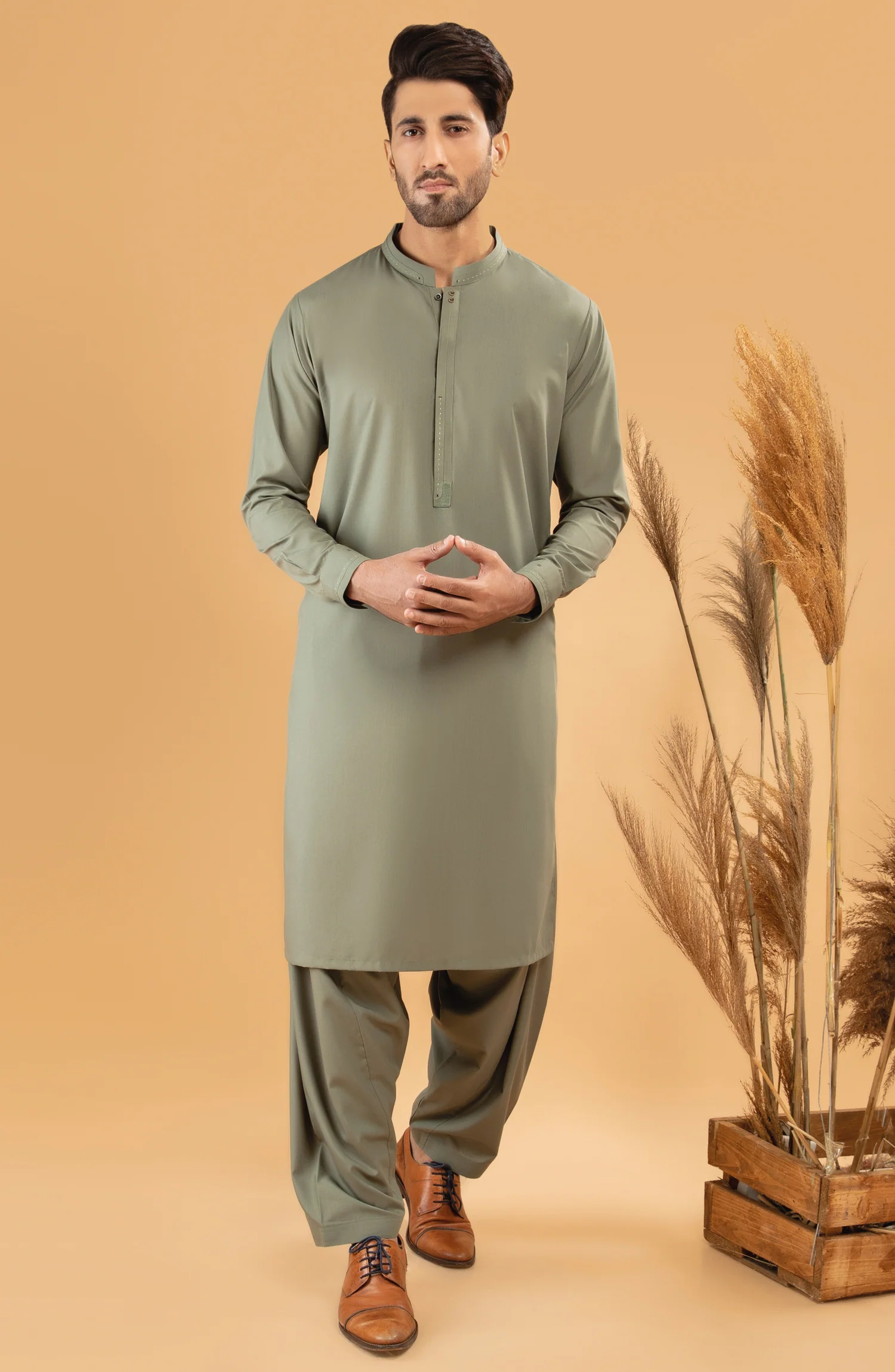 WINTER'22 MEN KAMEEZ SHALWAR CASUAL LIGHT GREEN - Image 2