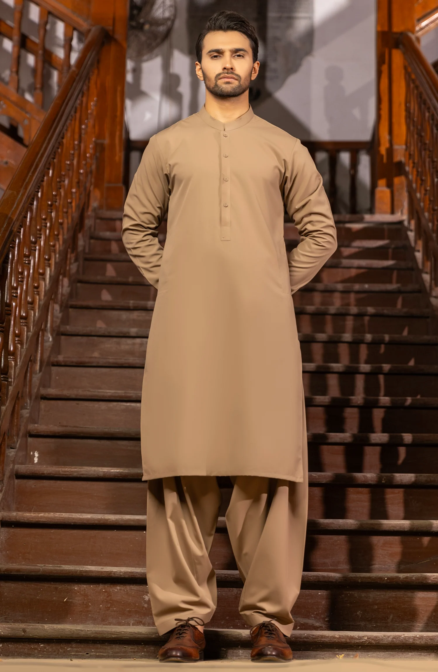 WINTER'23 MEN KAMEEZ SHALWAR CASUAL BEIGE - Image 4