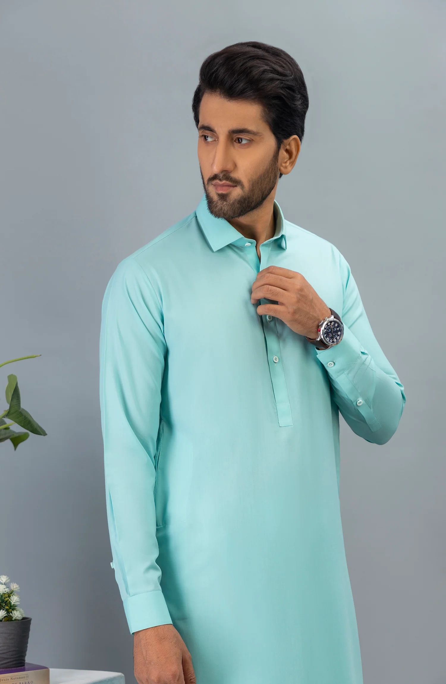 WINTER'23 MEN KAMEEZ SHALWAR CASUAL LIGHT TURQUOISE - Image 3