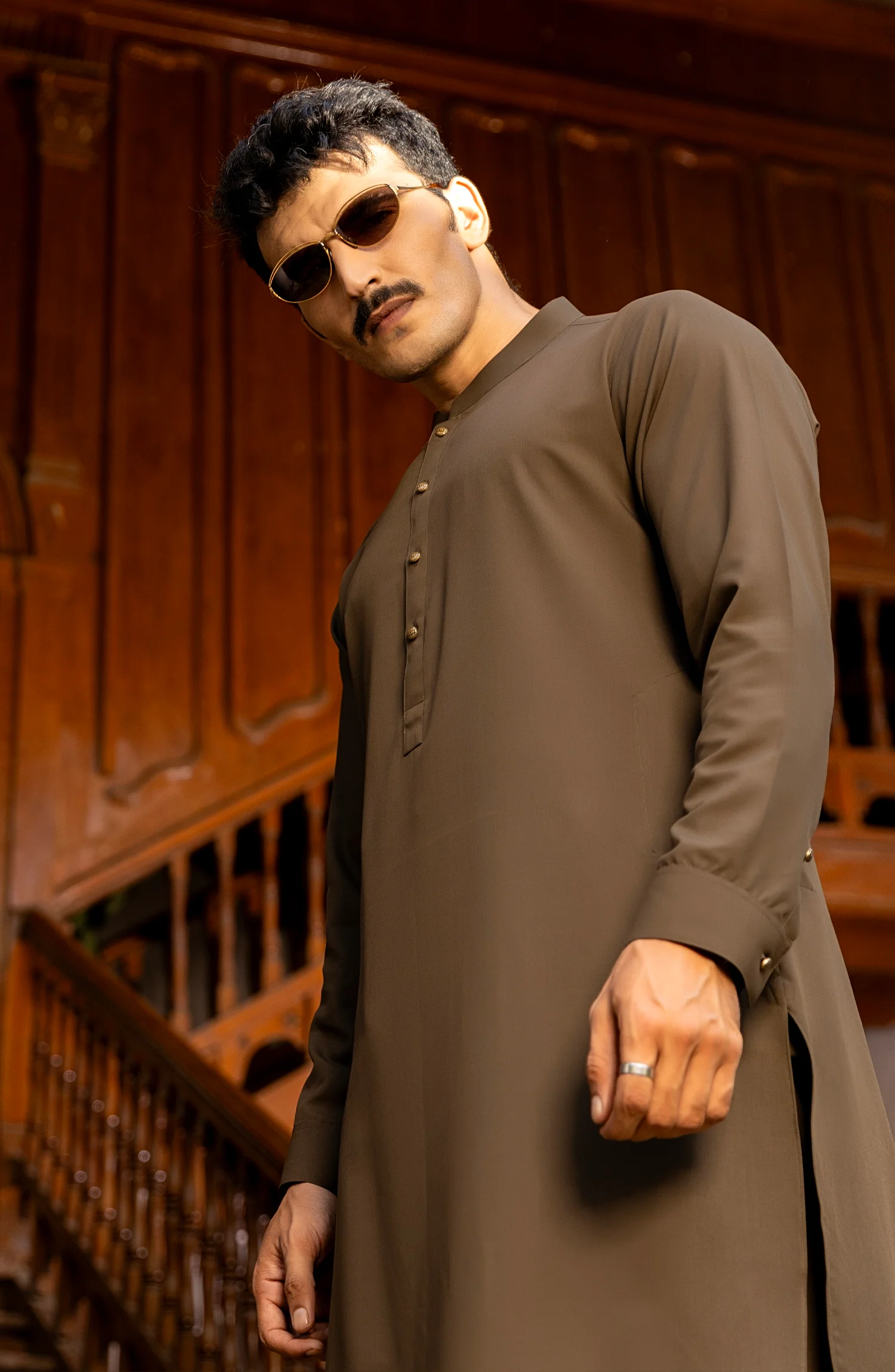 WINTER'23 MEN KAMEEZ SHALWAR PLAIN DEEP OLIVE - Image 2