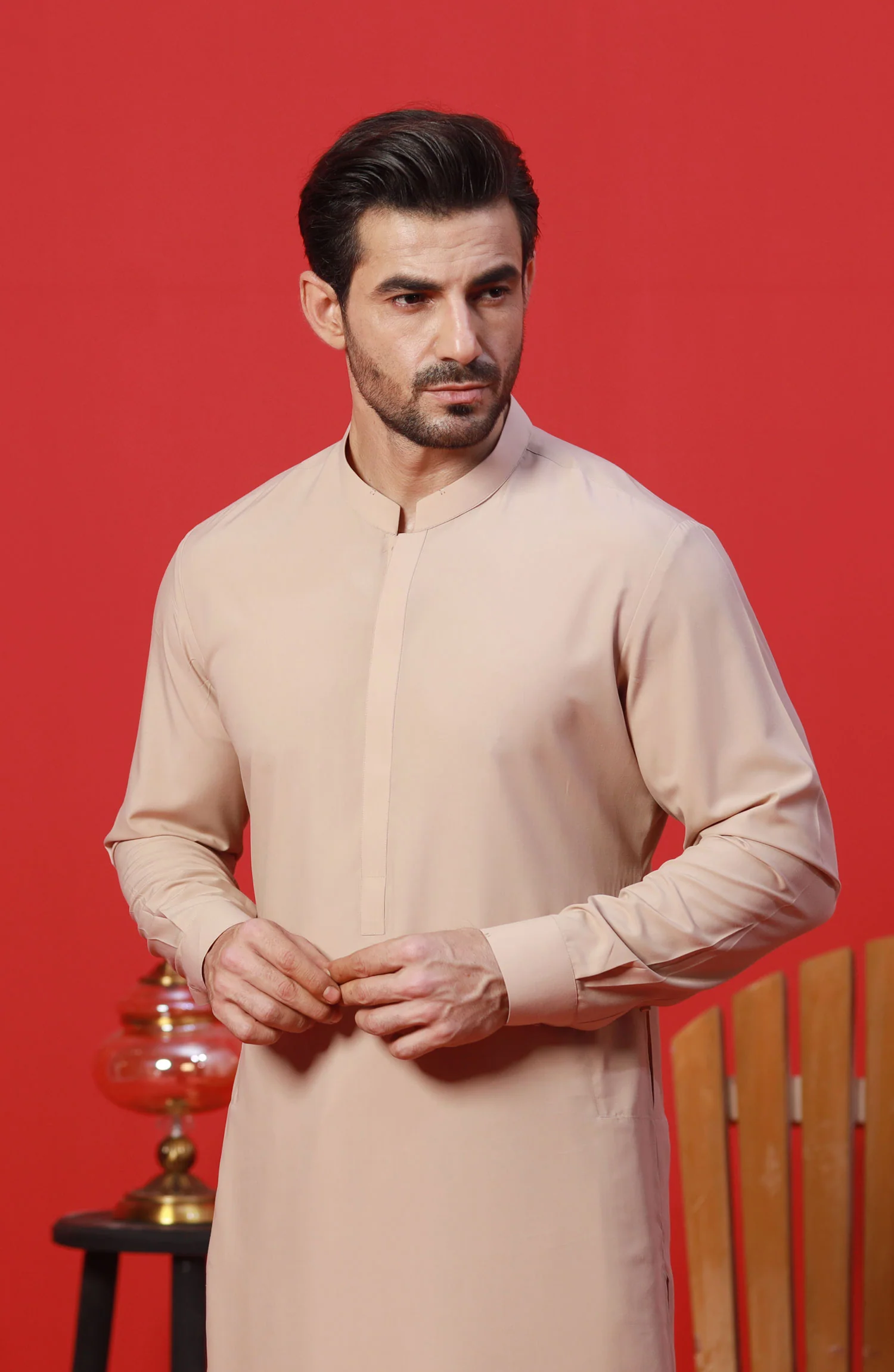 WINTER'23 MEN KAMEEZ SHALWAR PLAIN STONE LIGHT BEIGE - Image 2