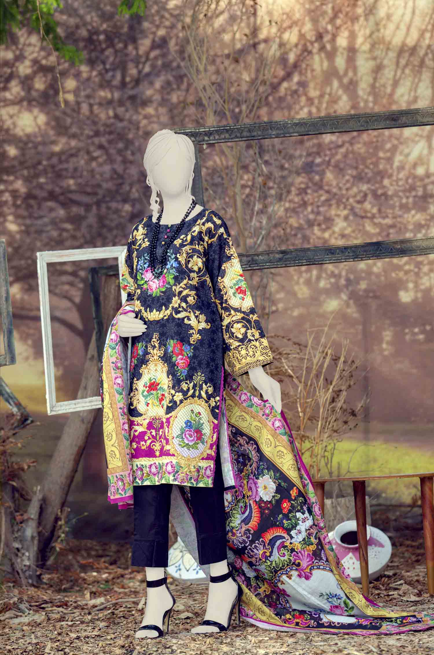 WOMEN ROYAL DELFT EMBROIDERED STITCHED 3PC SUIT