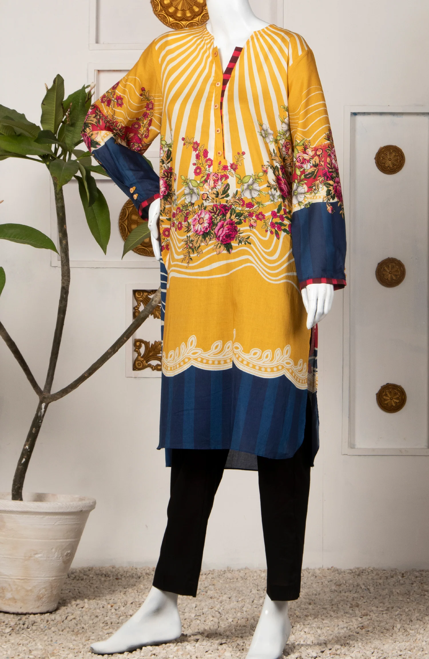 YELLOW LINES LAWN PRINTED 1PC STITCH KURTI