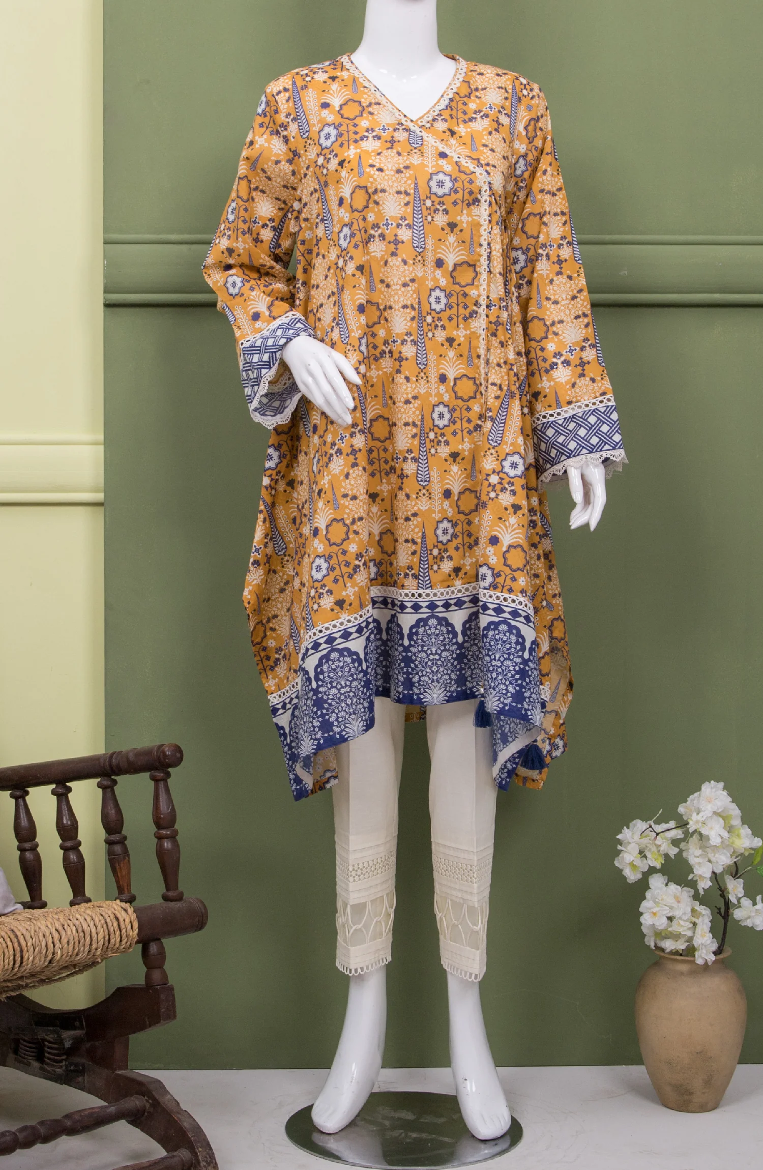 YELLOW MUGHAL LAWN PRINTED 1PC STITCH KURTI