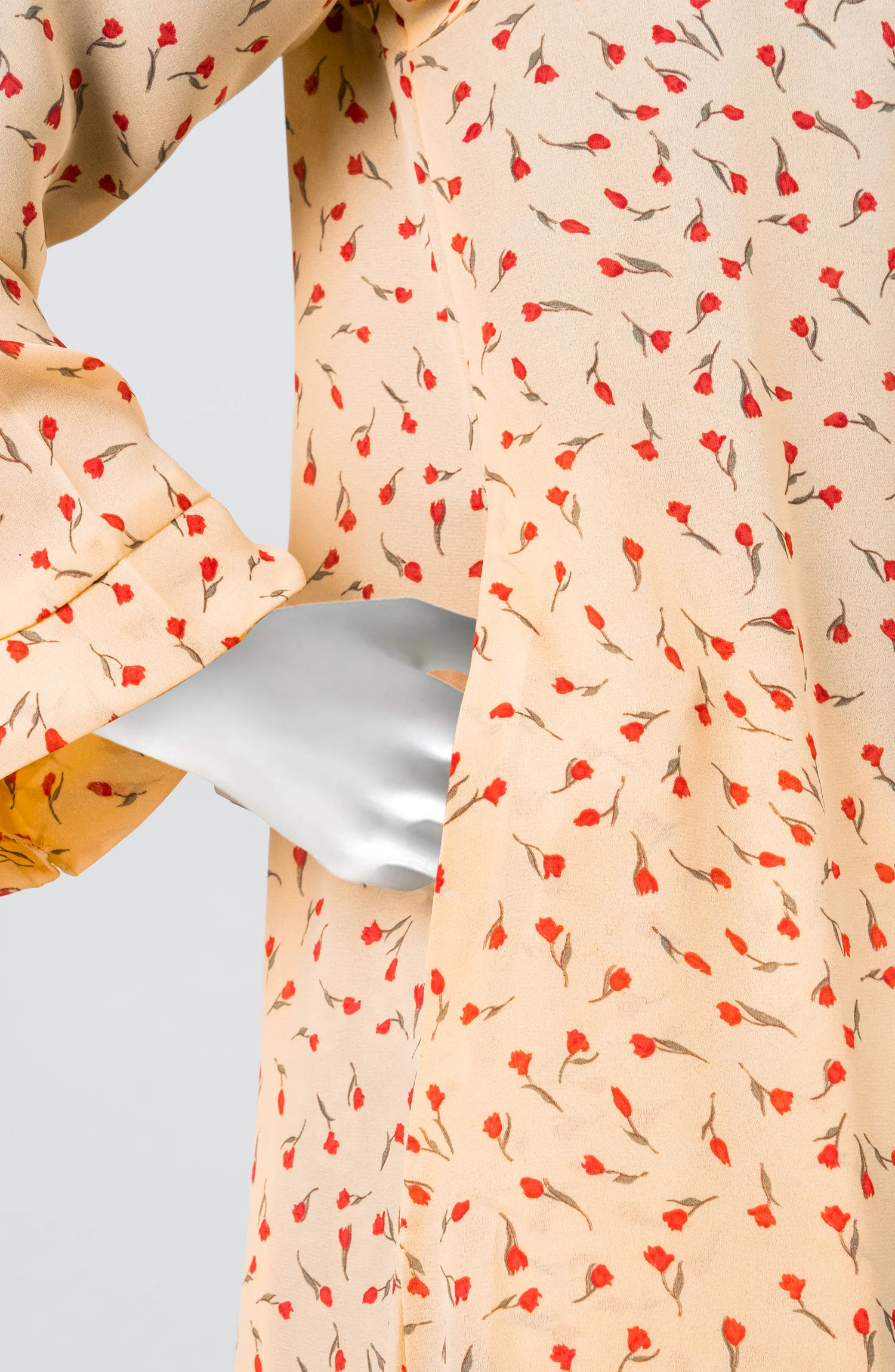 YELLOW PEACH PRINTED DOWN BUTTON ABAYA - Image 2