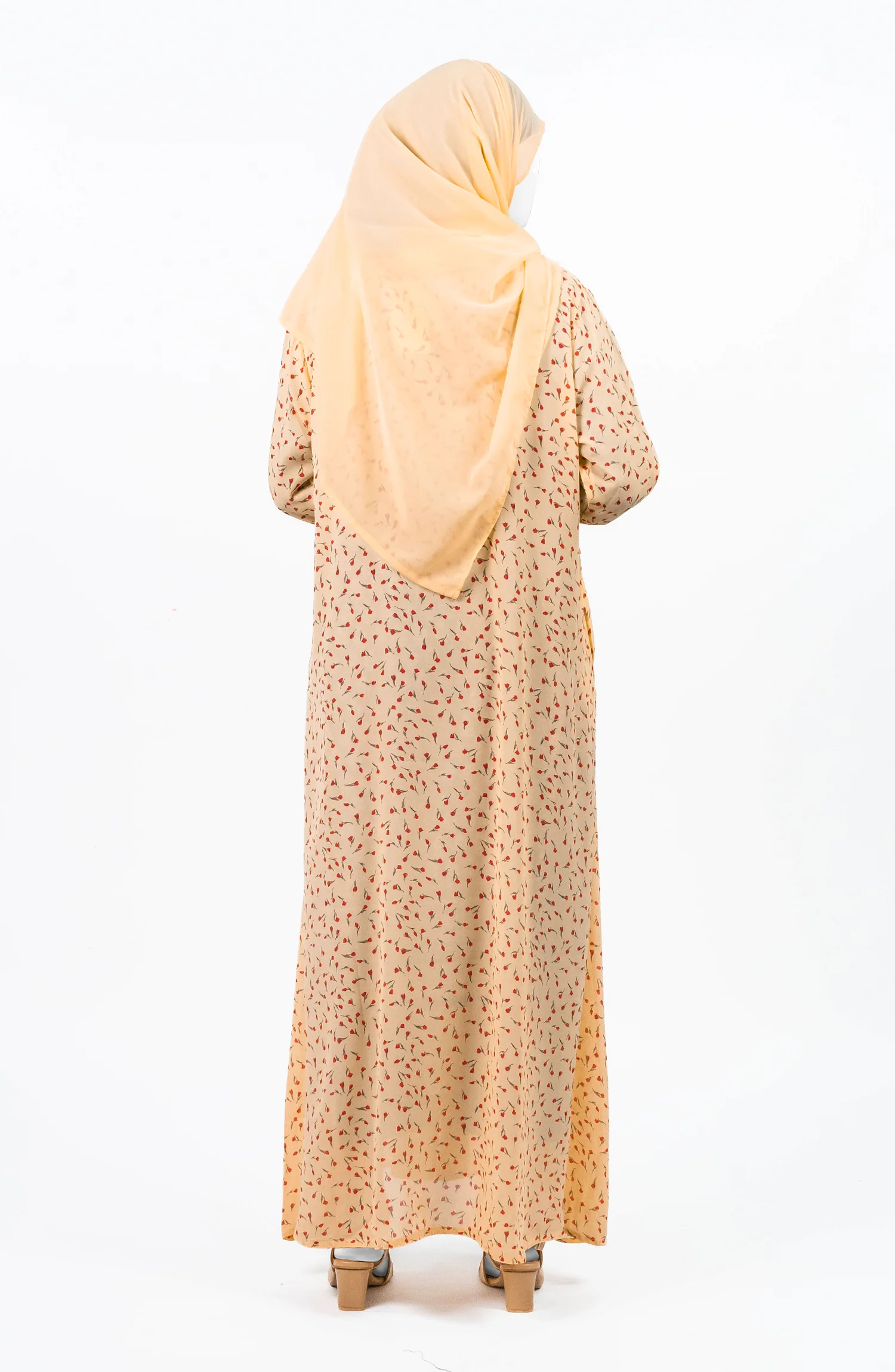 YELLOW PEACH PRINTED DOWN BUTTON ABAYA - Image 3